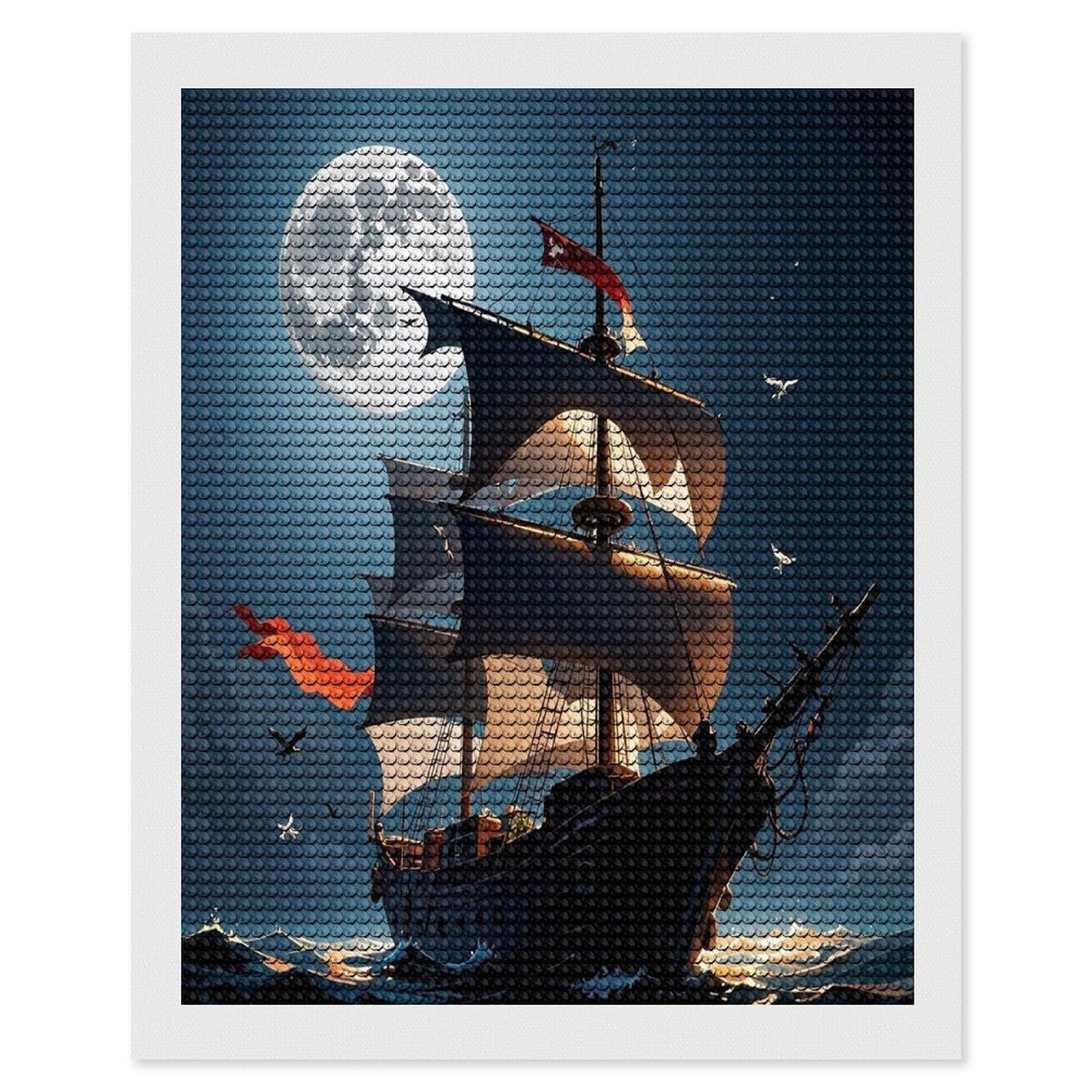 FekiLoot Pirate Sailboat Full Moon Diamond Painting Kits for Adults Full Round Drill Diamond Art Kits for Beginners 5D DIY Diamond Dots Paintings Diamonds Pictures Gem Art Home Wall Decor 16"x20"