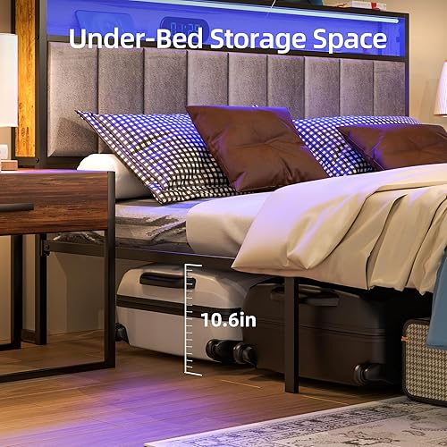 Miniatura 5 de Marco de cama de tamaño matrimonial, marco de cama de plataforma de metal con cabecera de almacenamiento y luz LED y 2 estaciones de carga USB y 1