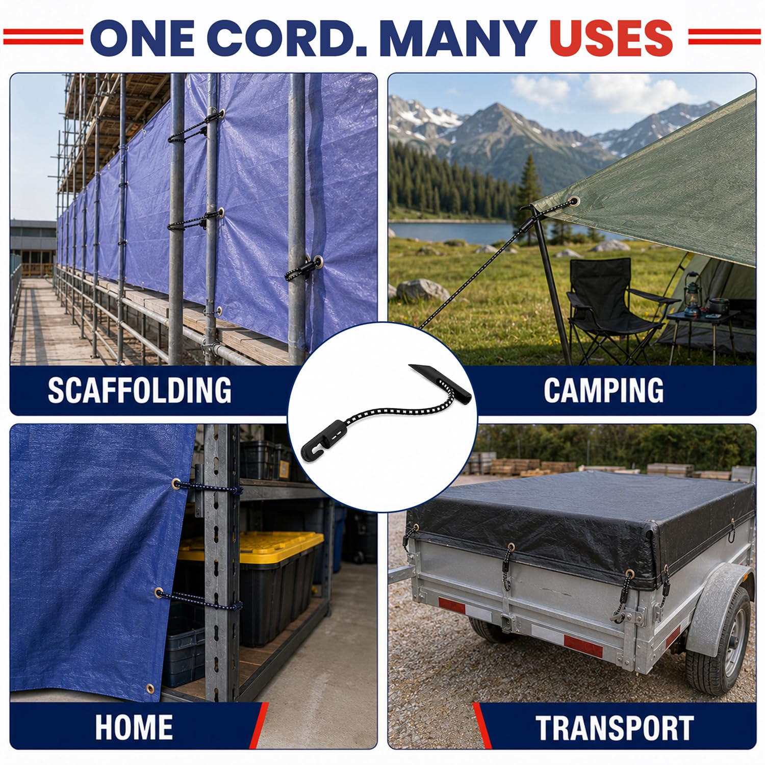 Tarps Now - Cordones elásticos de 8 pulgadas con extremo de bucle ajustable, cuerda elástica resistente y duradera para andamios, herramientas, construcción, 100 piezas
