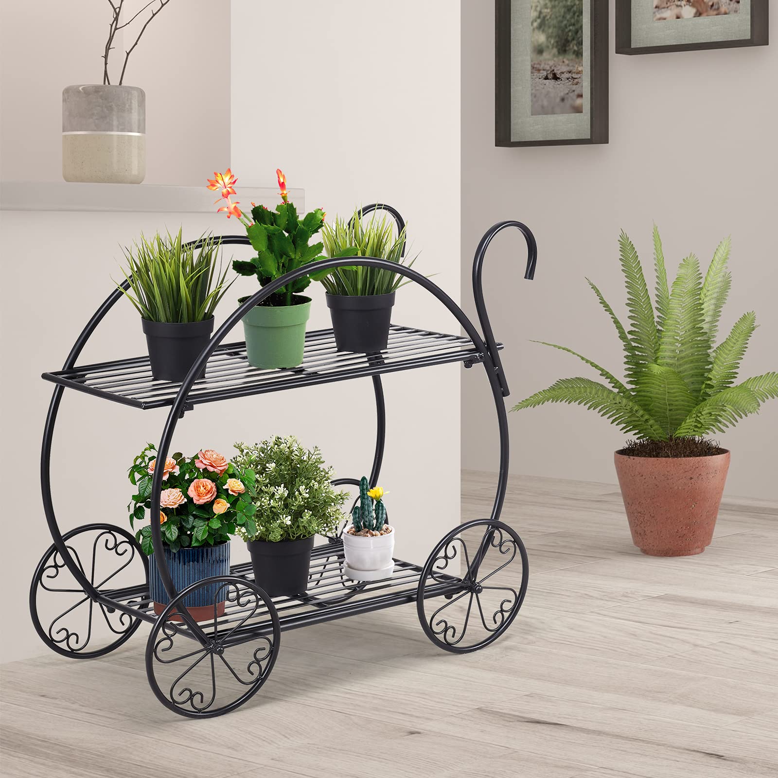 COSTWAY Pflanzenregal Blumenregal 2-stufig, Blumenständer freistehend, Blumentreppe Metall, Pflanzentreppe schwarz Pflanzenständer für Balkon Garten Terrasse
