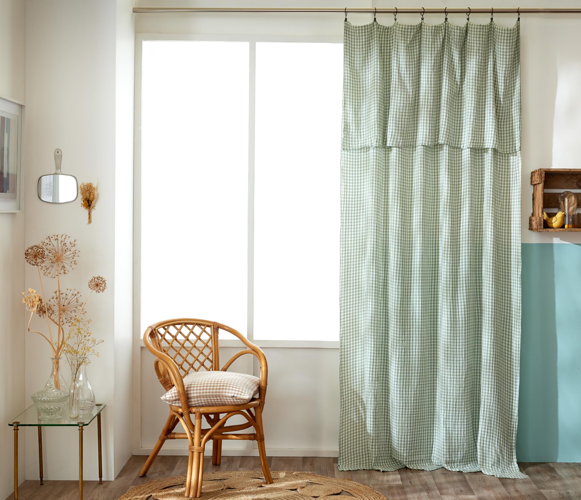 Rideau Ajustable Vickie Double Gaze de Coton Vichy 140 x 300 cm Eucalyptu | Double gaze de coton douce et naturellement gaufrée