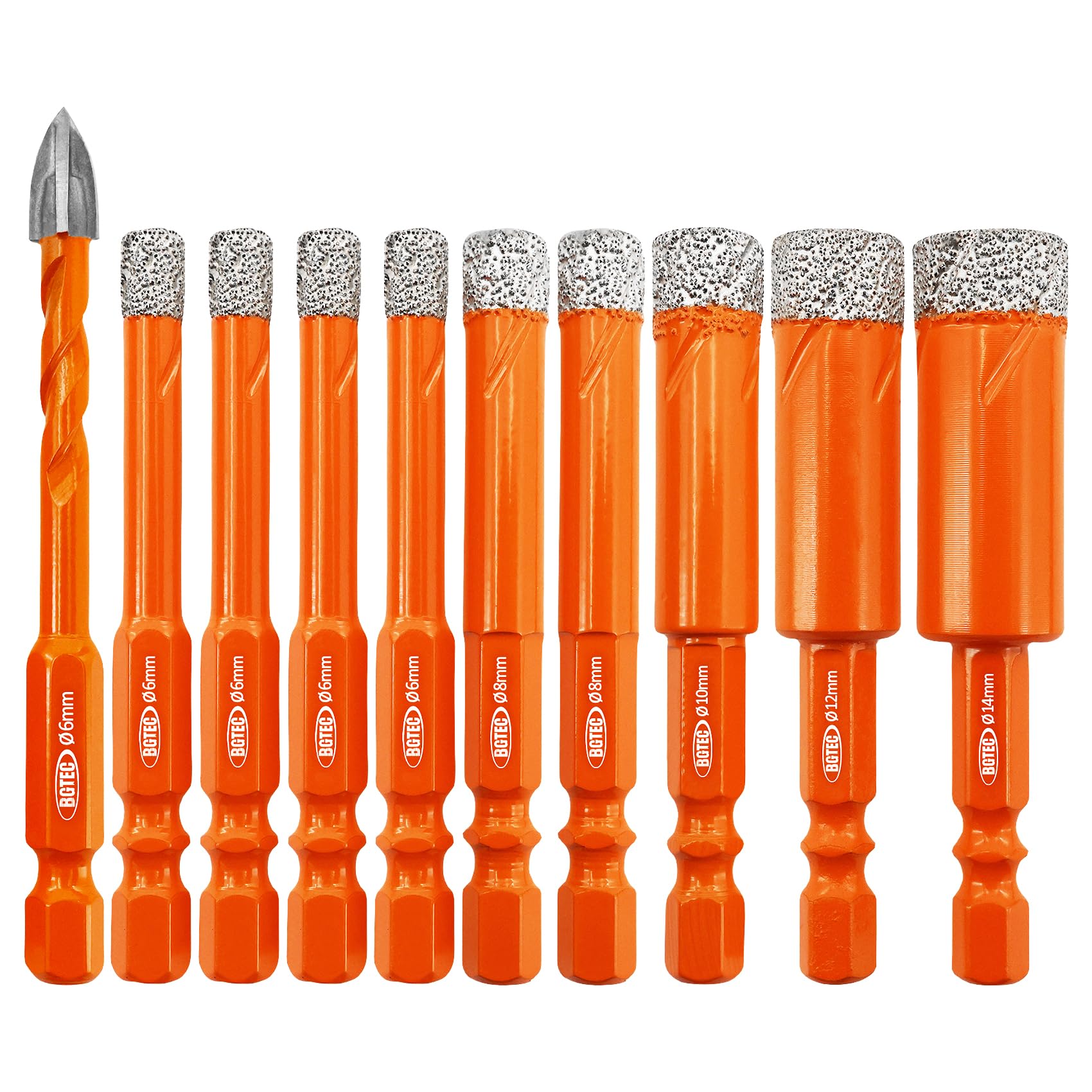 BGTEC Punte per piastrelle Punte diamantate，10 pezzi 6MM*4+8MM*2+10MM+12MM+14MM diamantate+6MM Punta in carburo per piastrelle di ceramica Gres porcellanato Marmo Granito
