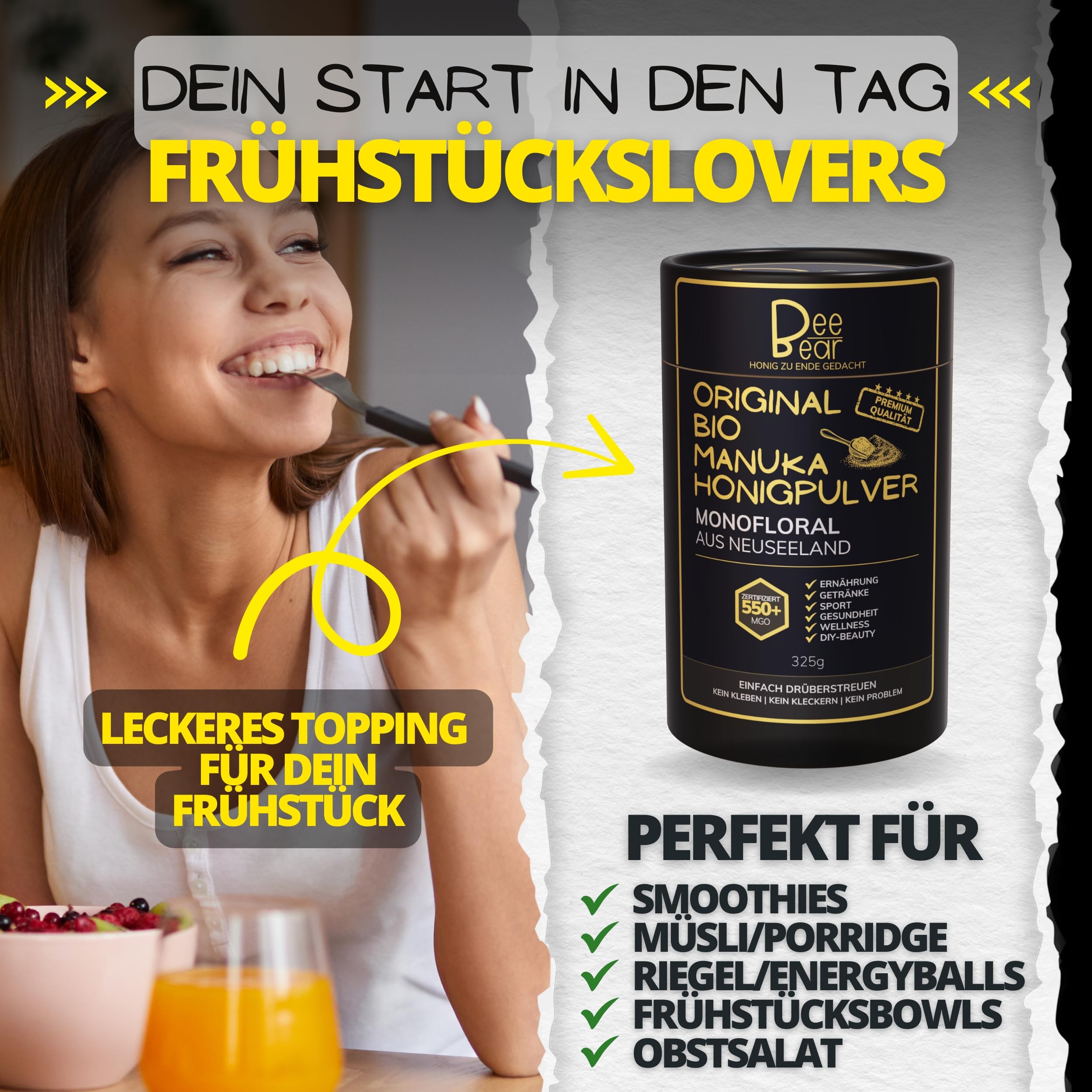 BeeBear Manuka Honigpulver MGO 550 | Bio Nahrungsergänzungsmittel + Superfood Pulver Bio zB für Smoothie & gesundes Frühstück | Porridge Topping Quark & Joghurt | Immunsystem stärken & Energy Pulver