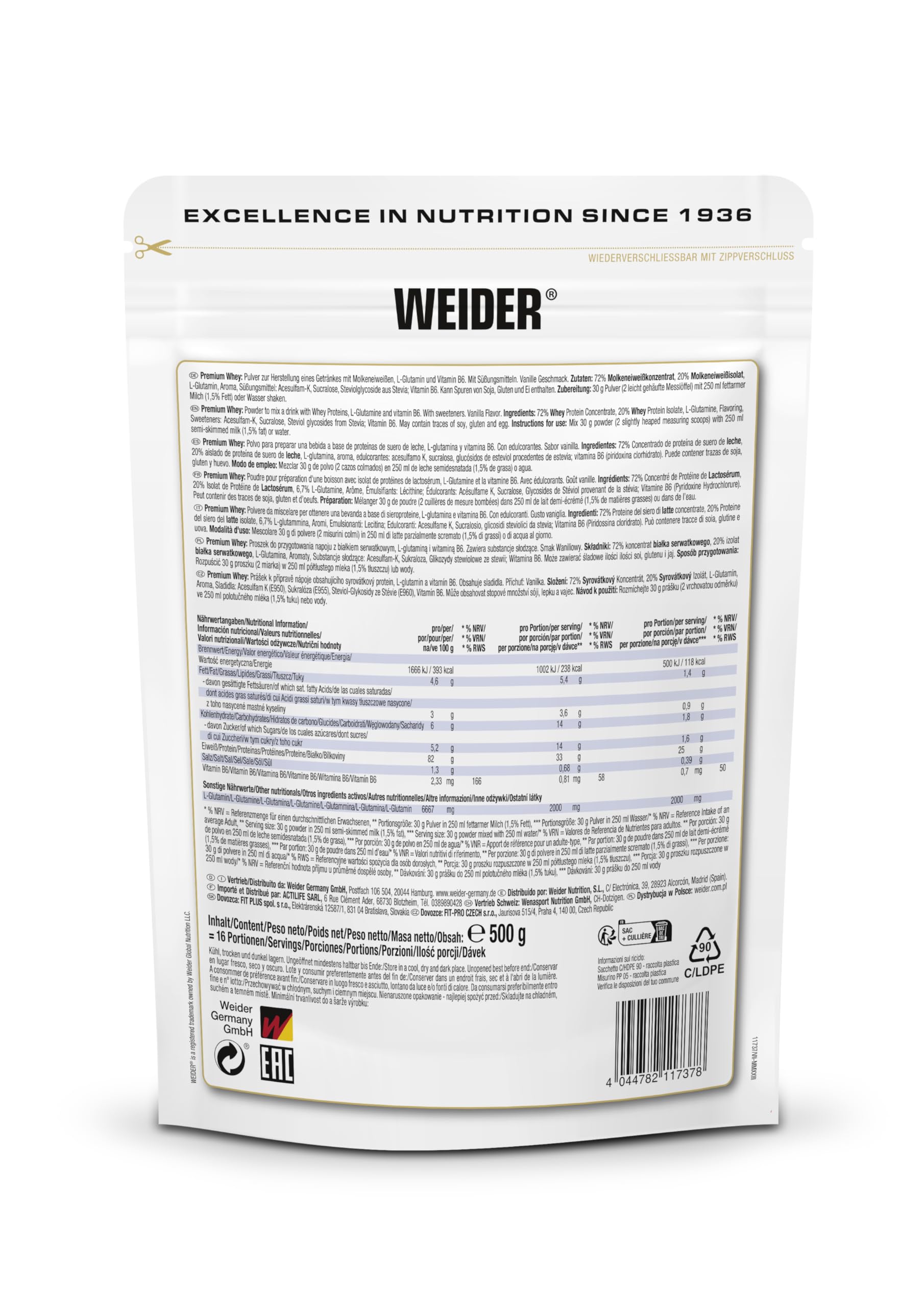 Weider Premium Whey Protein Powder, 500g, Gelato alla Vaniglia | Alto Contenuto Proteico, Basso Carboidrati e Grassi, Con L-Glutammina e Vitamina B6