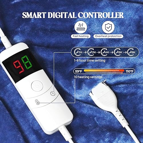 Miniatura 4 de Bafode Manta térmica eléctrica, manta eléctrica tamaño Queen de 84 x 92 pulgadas, manta térmica de franela suave gruesa con temporizador de 5