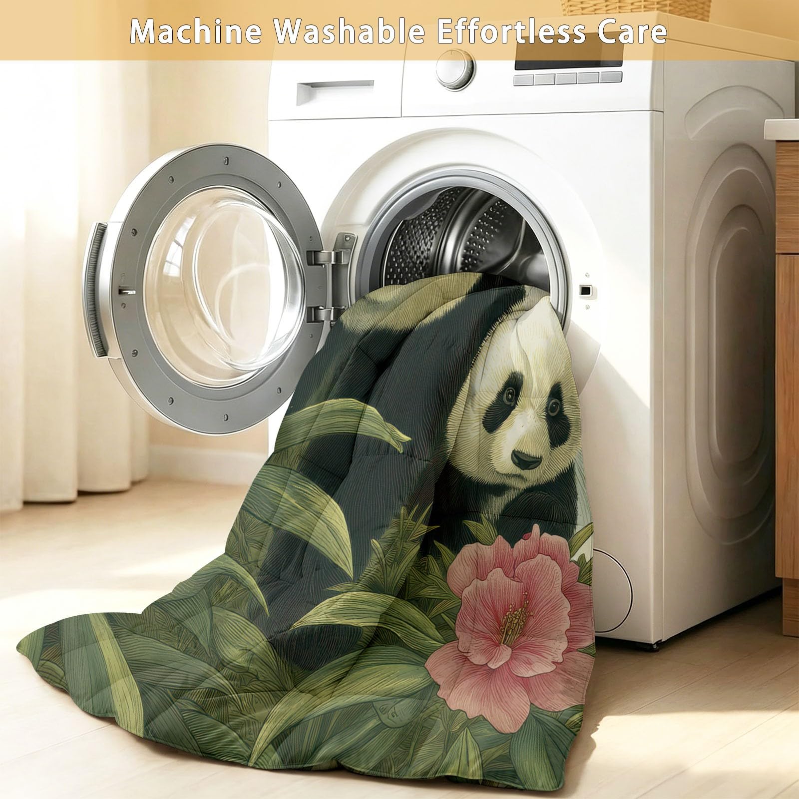 Edredón sin funda de edredón de 200 x 200 cm, edredón de verano con funda de almohada de 80 x 80 cm, diseño de panda y bosque de bambú verde esmeralda, juego de cama para habitación infantil, animales