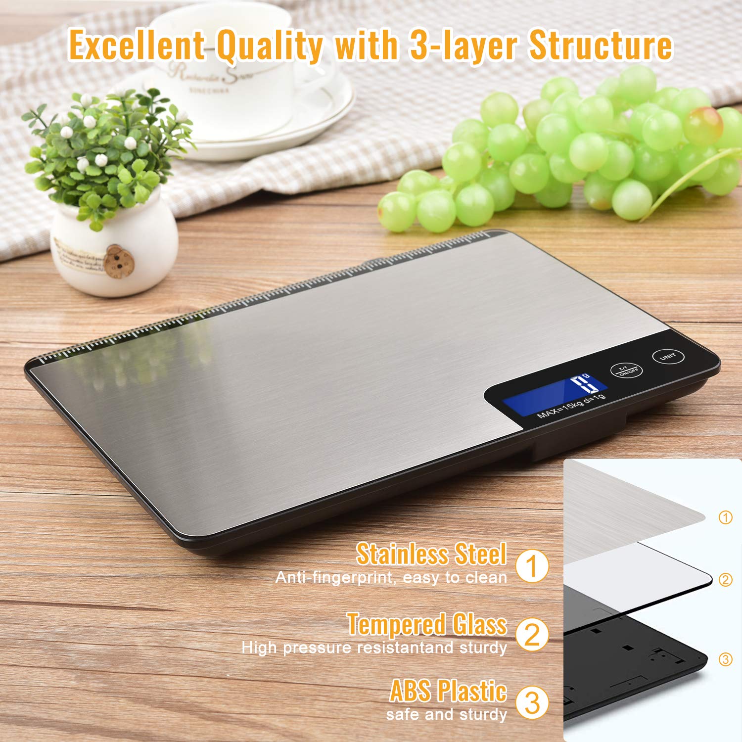 Báscula digital de cocina de 33 libras, área de pesaje grande (9 pulgadas), báscula electrónica profesional de alimentos, báscula doméstica de acero inoxidable, control táctil, pantalla LCD, 5
