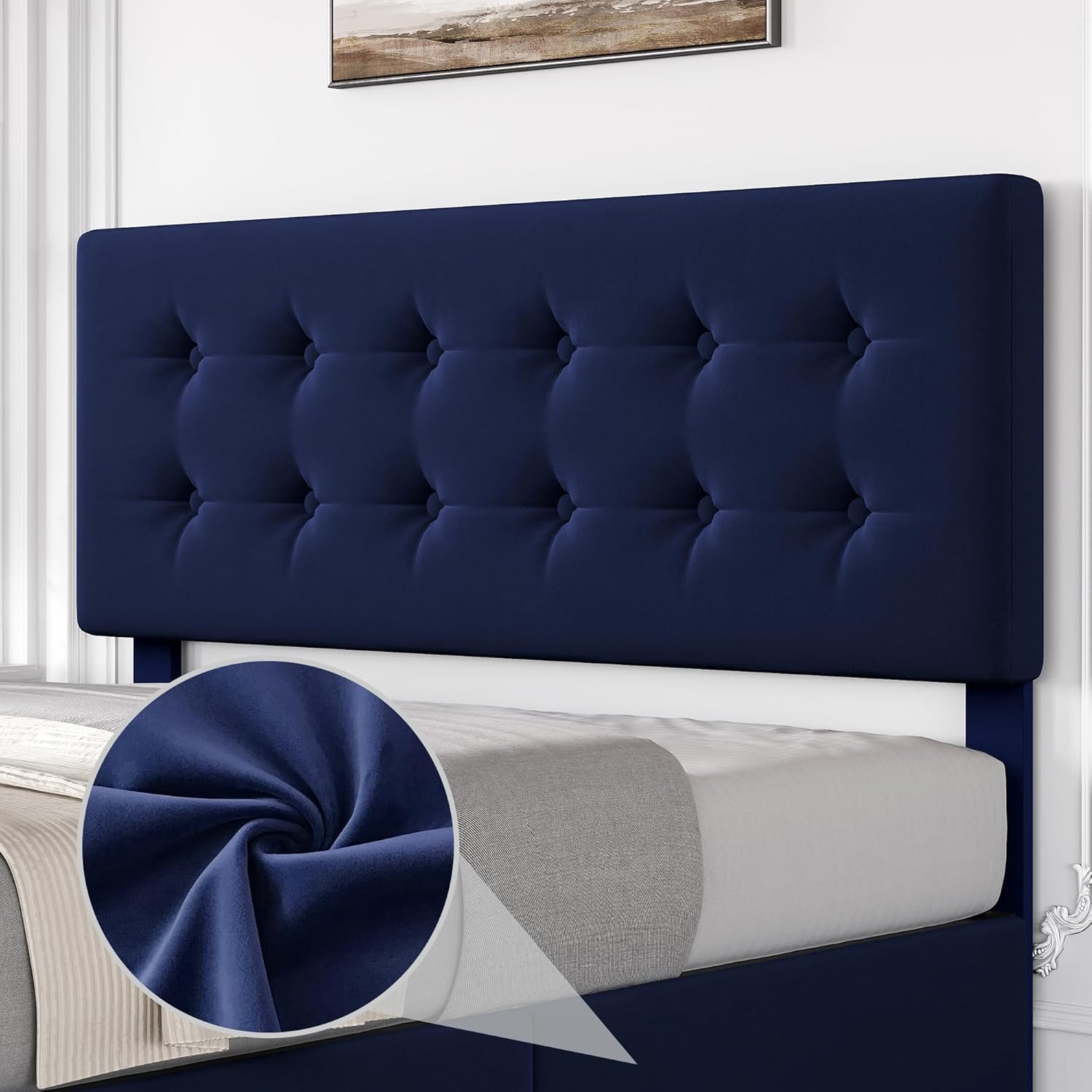 Garvee 4 Storage Drawers Full Size Bed Frame with Headboard, Upholstered Mattress Foundation with Skin-Frienly Linen, No Box Spring Needed