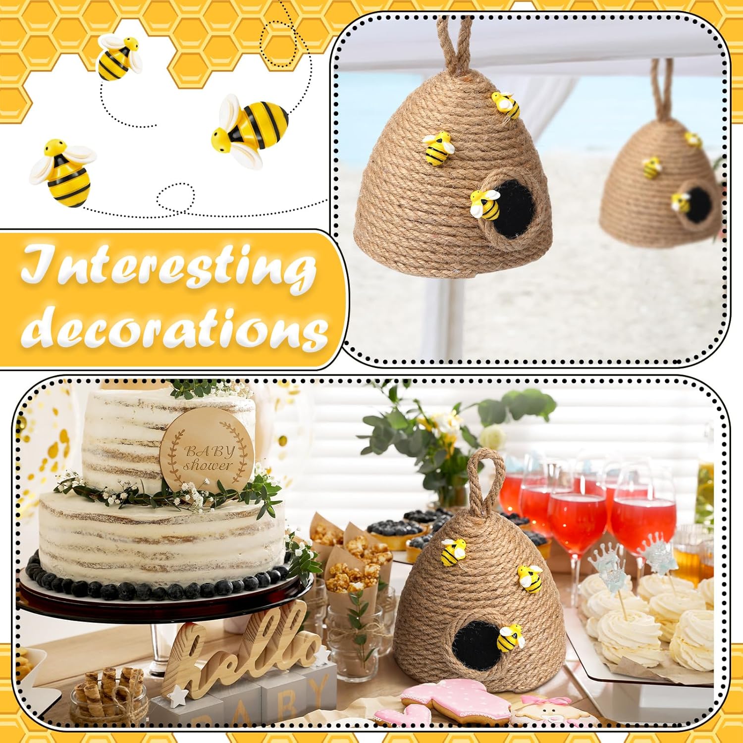 Bee Hive Decor Honey Pot Party Decorations for Bee Baby Shower Decorations with Crafts 328 ft 5mm Jute Rope Natural Twine 60 Pieces Tiny Resin Honeybee for Farmhouse Birthday Party Supplies