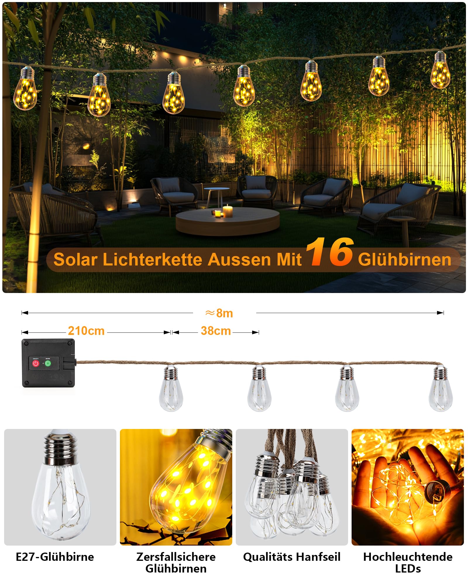 Catena Luminosa Solare Esterno | 8M 16 LED IP65 | 8 Modalità Luci Corda di Canapa Naturale | Impermeabile | per Feste, Giardino, Cortile, Balcone