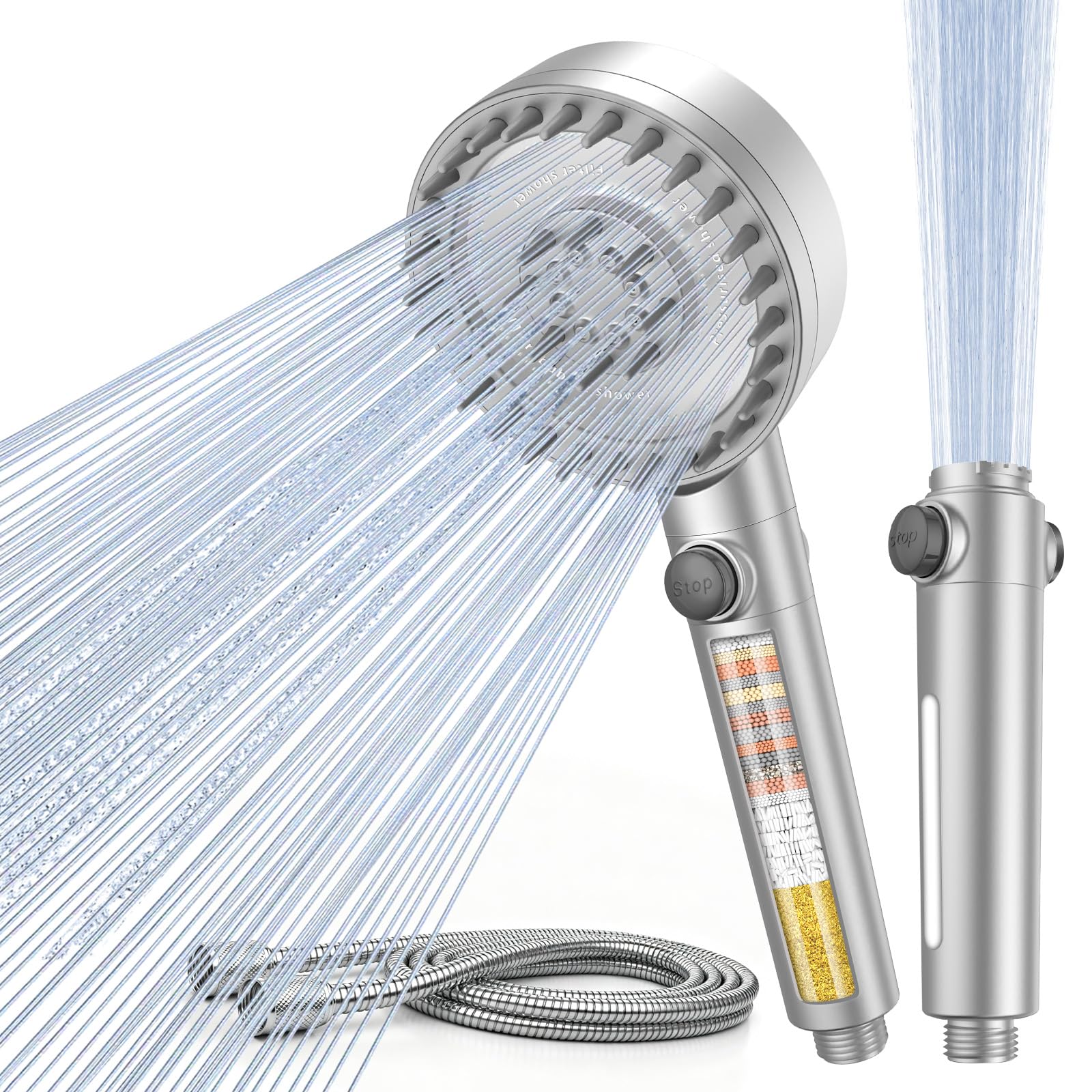 PWERAN High Pressure Shower Heads with 18 Stage Filtration, 4 Spray Modes Hard Water Filter Shower Head and Hose, 5" Large Panel Bathroom Handheld Showerhead for 99% Residual Chlorine Remove - Silver