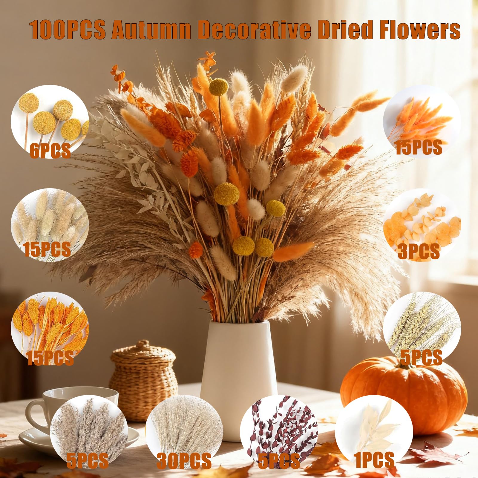 100 bouquet autunnali essiccati con erba di pampa, coda di coniglietto, lavanda e eucalipto rosso, decorazione per la casa, vaso, veranda e giorno del Ringraziamento
