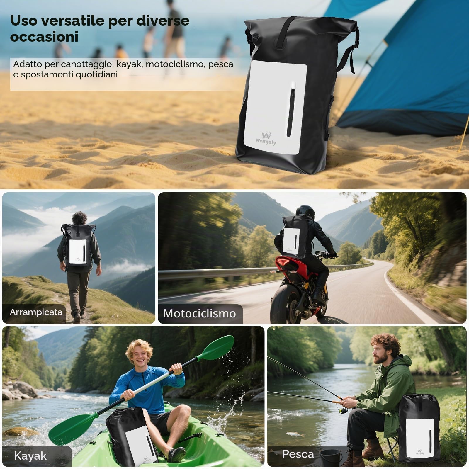 Zaino Impermeabile 30L - Borsa Impermeabile Zaino con Scomparto per Tablet & Custodia Impermeabile per Telefono IPX8, Dry Bag Backpack per Campeggio, Kayak, Pesca, Rafting, Canoa e Nuoto