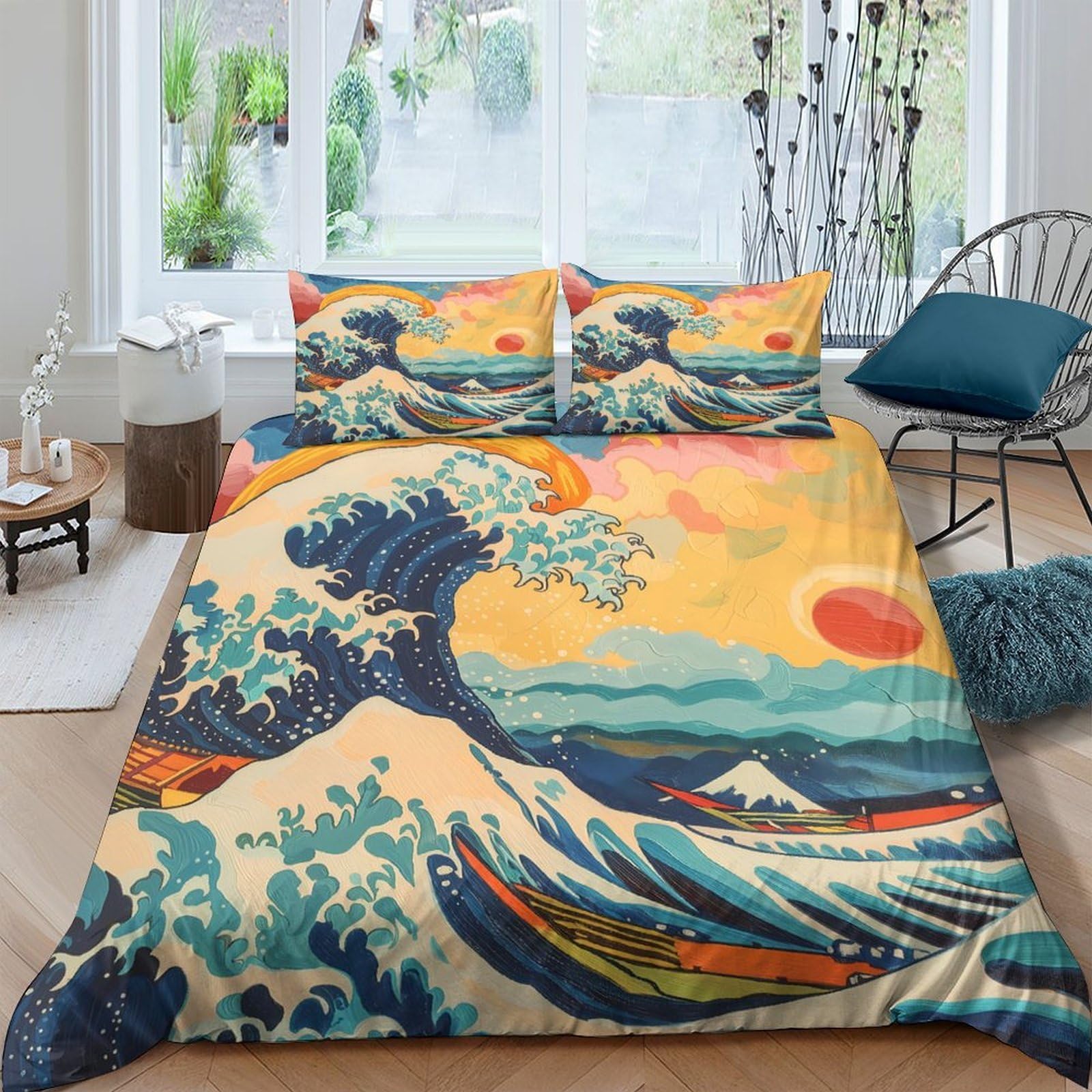 Ctjqhvkz Style-4 3D Printed Great Wave Fitted Sheet Microfiber Soft Breathable Japanese Sun Mattress Cover For Bedroom Guest Room Decor Single（135X200cm）