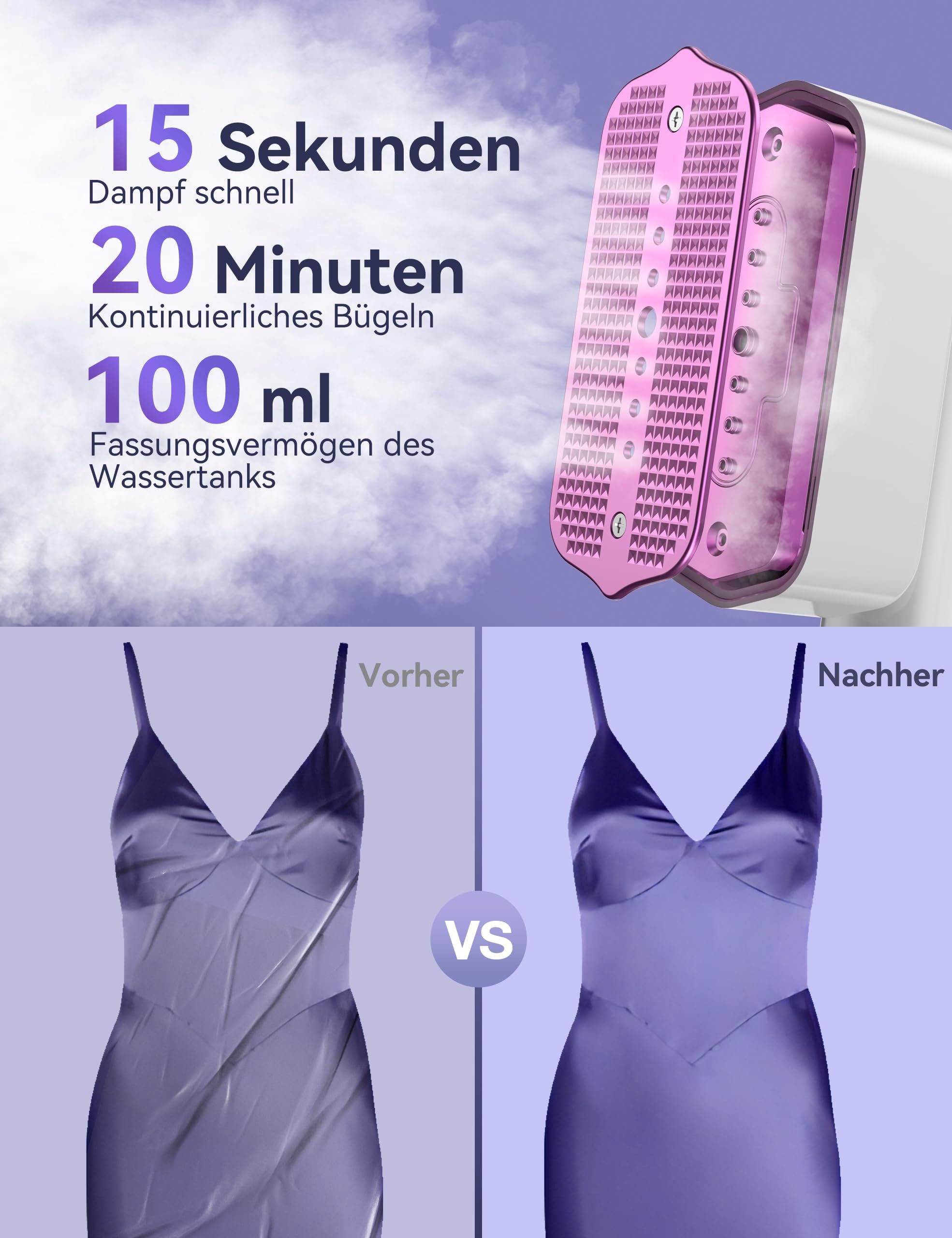 Sundu Steamer Dampfglätter Reise, Dampfbügeleisen für Kleidung, 2-in-1 Reisebügeleisen Steam iron, 15s schnelles Aufheizen Steam, Reisedampfglätter mit LED Display, 4 Bügelmodi