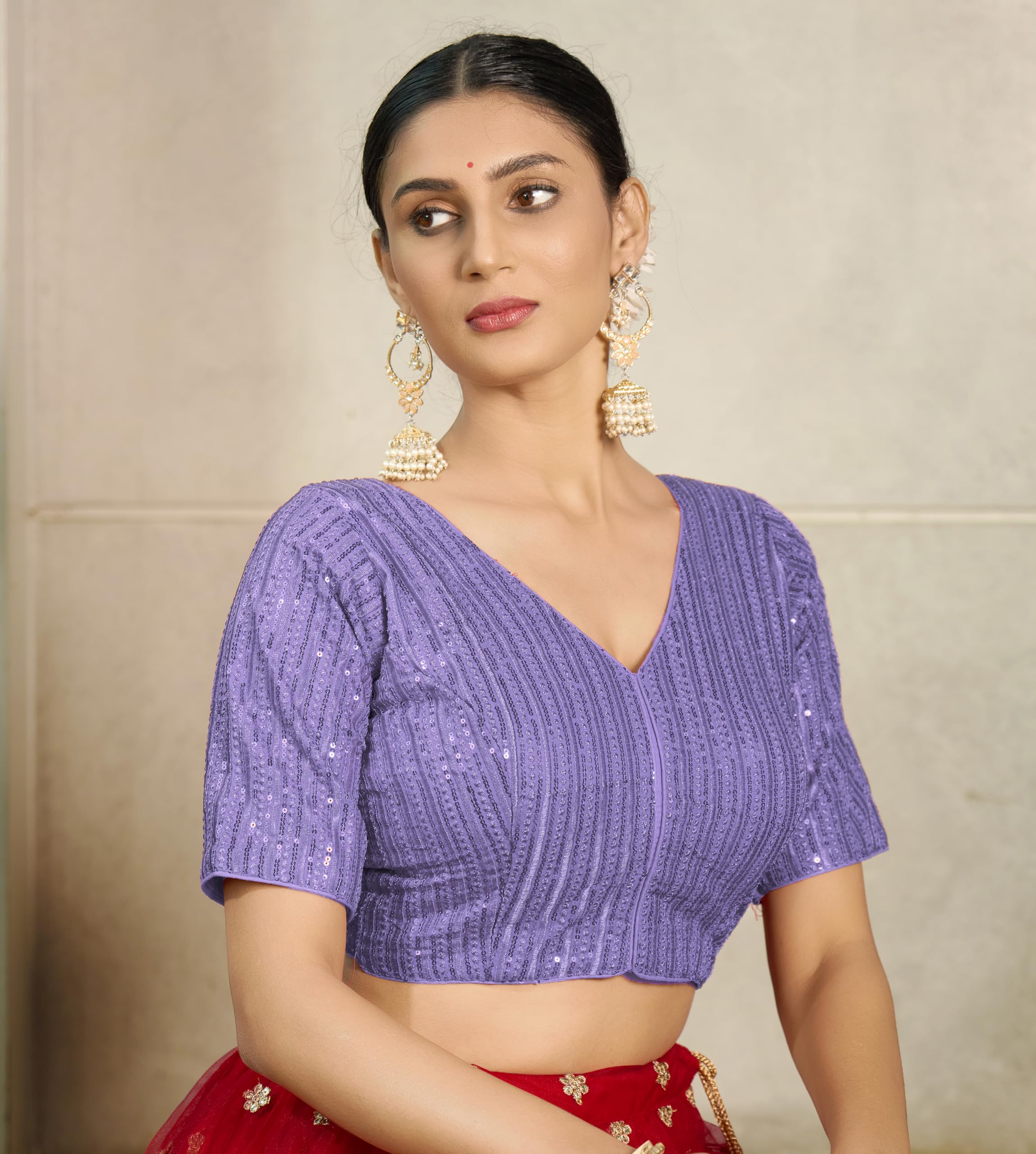 Pujia Mills Women's Indian Ethnic Wear Designer Silver Sequence With Matching Embroidered Work V Neck Half Sleeve Readymade Padded Saree Blouse Readymade Unique Levender Color Saree Blouse