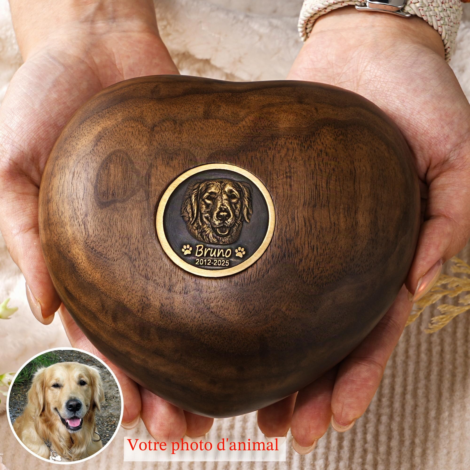 Urne Funéraire Personnalisée pour Animaux de Compagnie avec Incrustation en Laiton, Urne en Bois en Forme de Cœur avec Photo, Souvenir pour Chat ou Chien, Cadeau de Mémoire pour Perte d'un