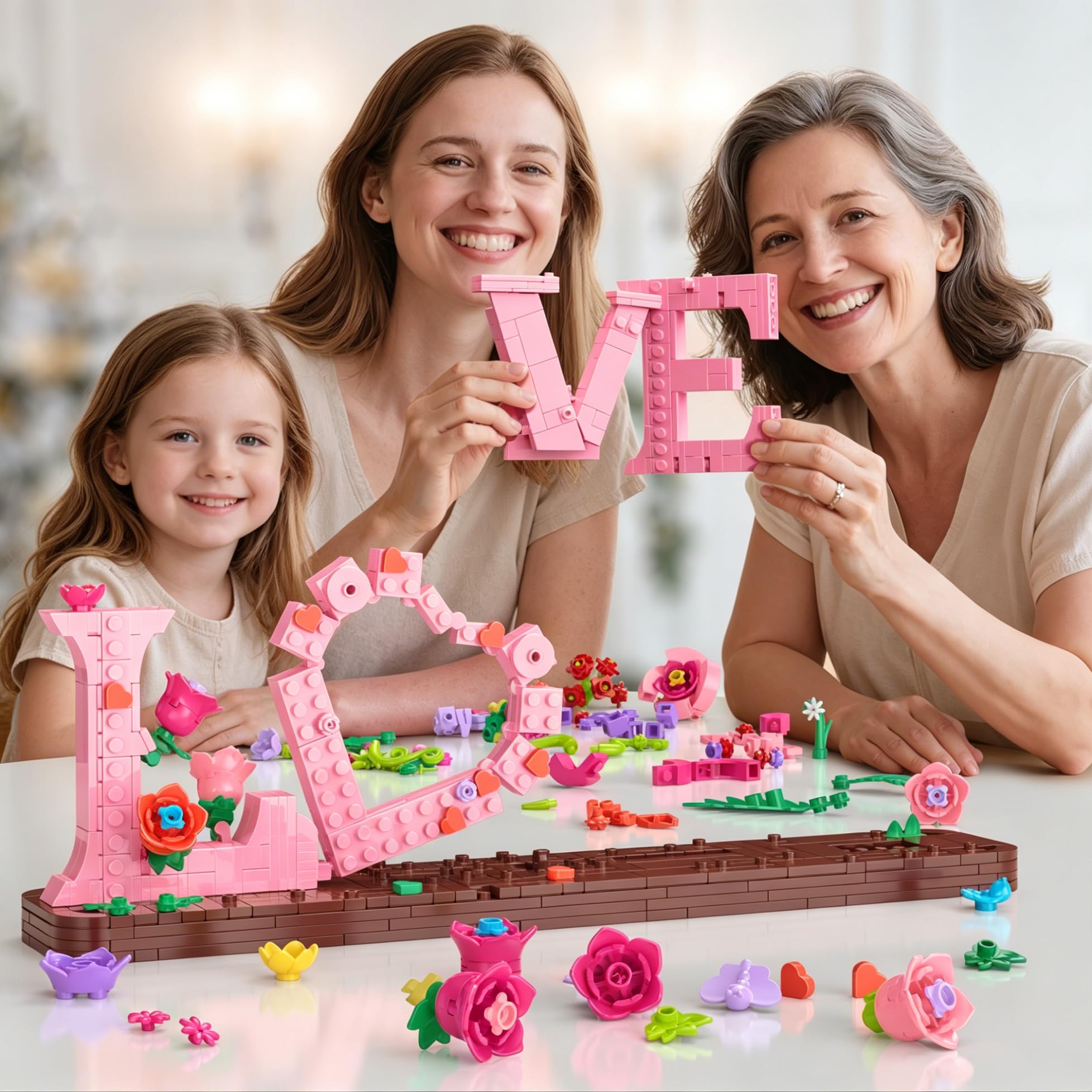 Liebes-Bauset mit Blumen für Erwachsene, 791 Stück Buchstaben-Ziegelstein-Kunstblöcke für Heimdekoration, romantische Geschenke für Kinder, Geburtstag, Valentinstag, Muttertag, Liebesbekennung