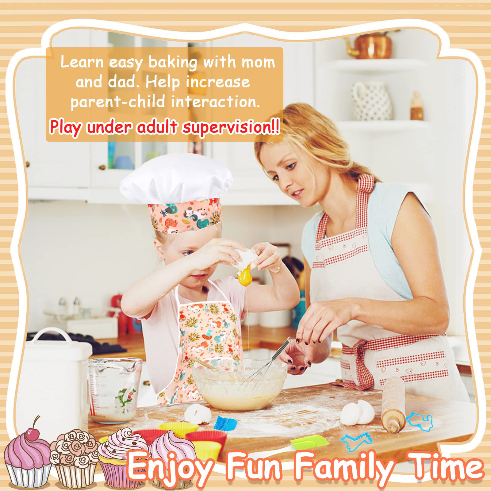 KAEGREEL Set de Cocina Juguetes con Delantal Unicornio, 26Pcs Hornear Accesorios Cocinita Infantil con Gorro Cocinero Cucharas Batidora, Disfraz Cocinero Regalos para Niño Niña 3+ Años (Naranja)