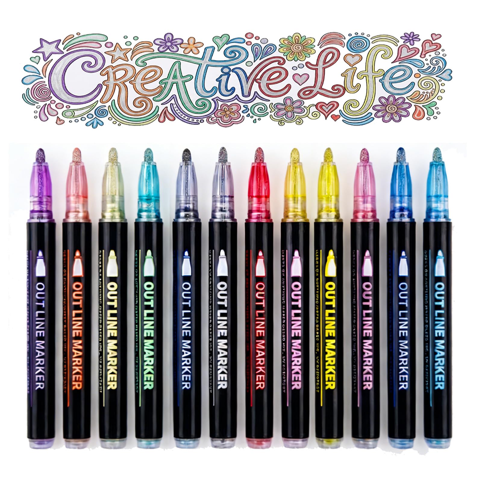 Magic Glitter Markers for Kids - 12 Shiny Markers with Double Line Metallic Effect Creative Set - Gift Girl 8-10 Years