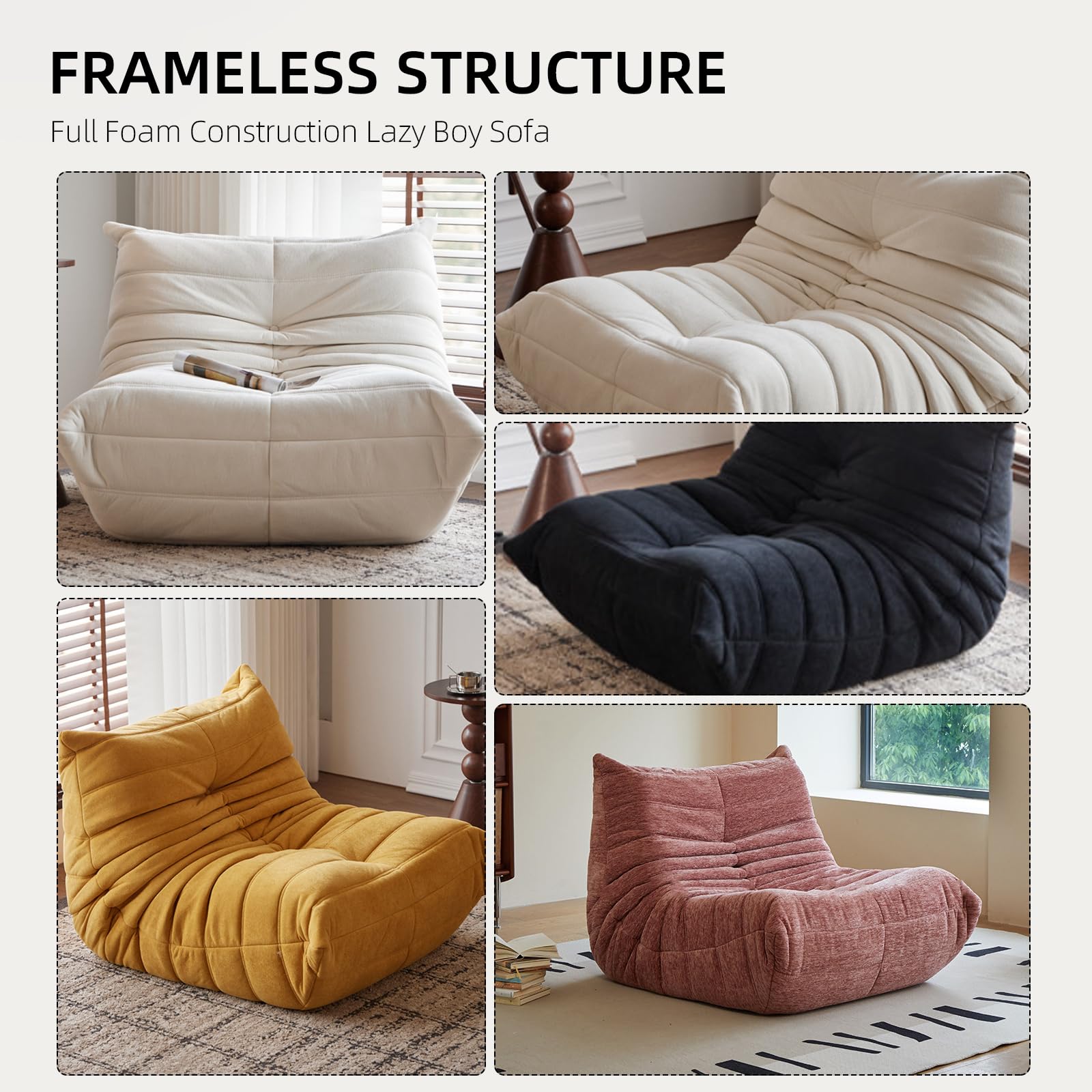 Sillón puff reclinable de felpa con relleno de espuma de alta resistencia, sofá de suelo perezoso para sala de estar, dormitorio, oficina, juegos