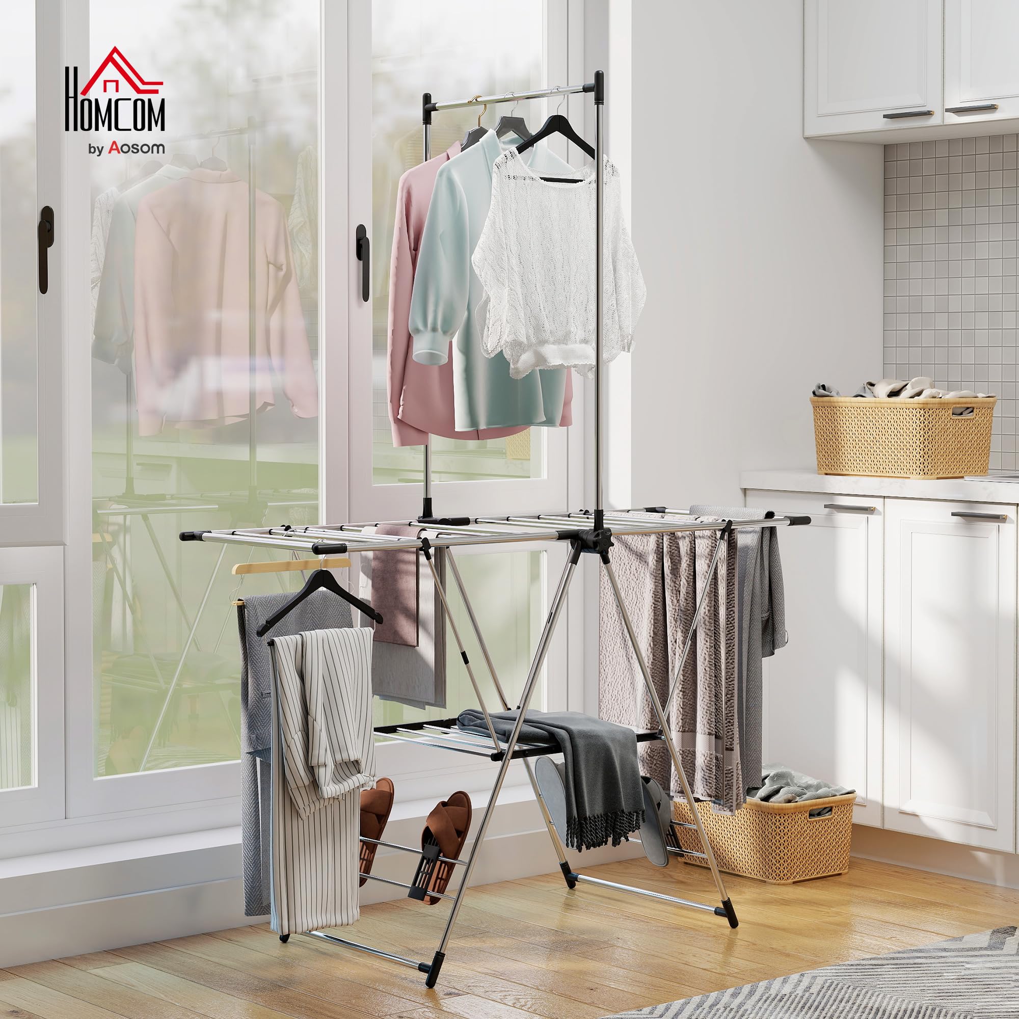 HOMCOM Séchoir à Linge Étendoir Pliable Ailes Réglables Argenté