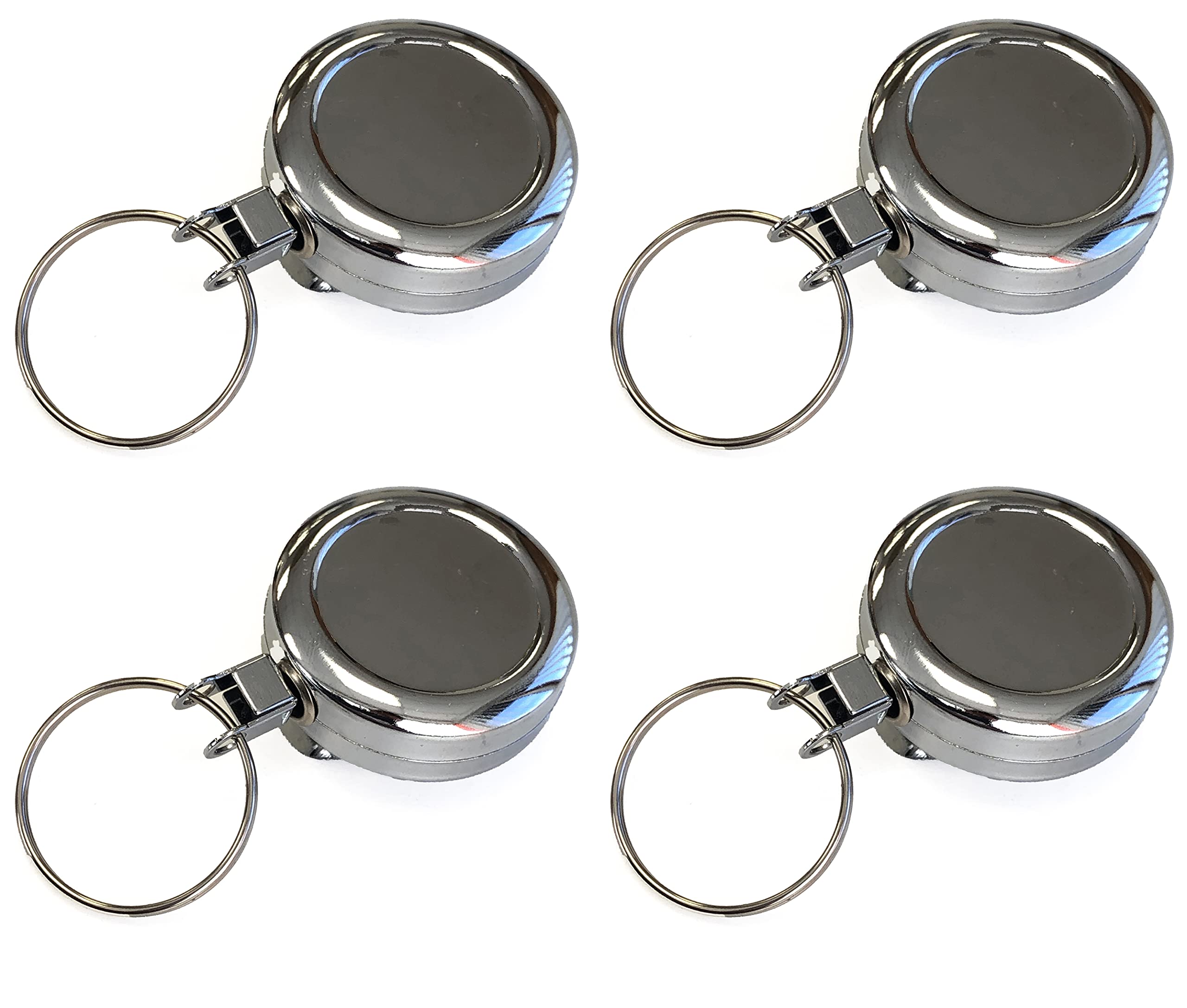 PCL Media ltd Retractable Keychain Reel Chrome Heavy Duty ID Key Pull Reel with Strap Clip Extendable ID Card Holder (Pack of 4) Retractable Keyring