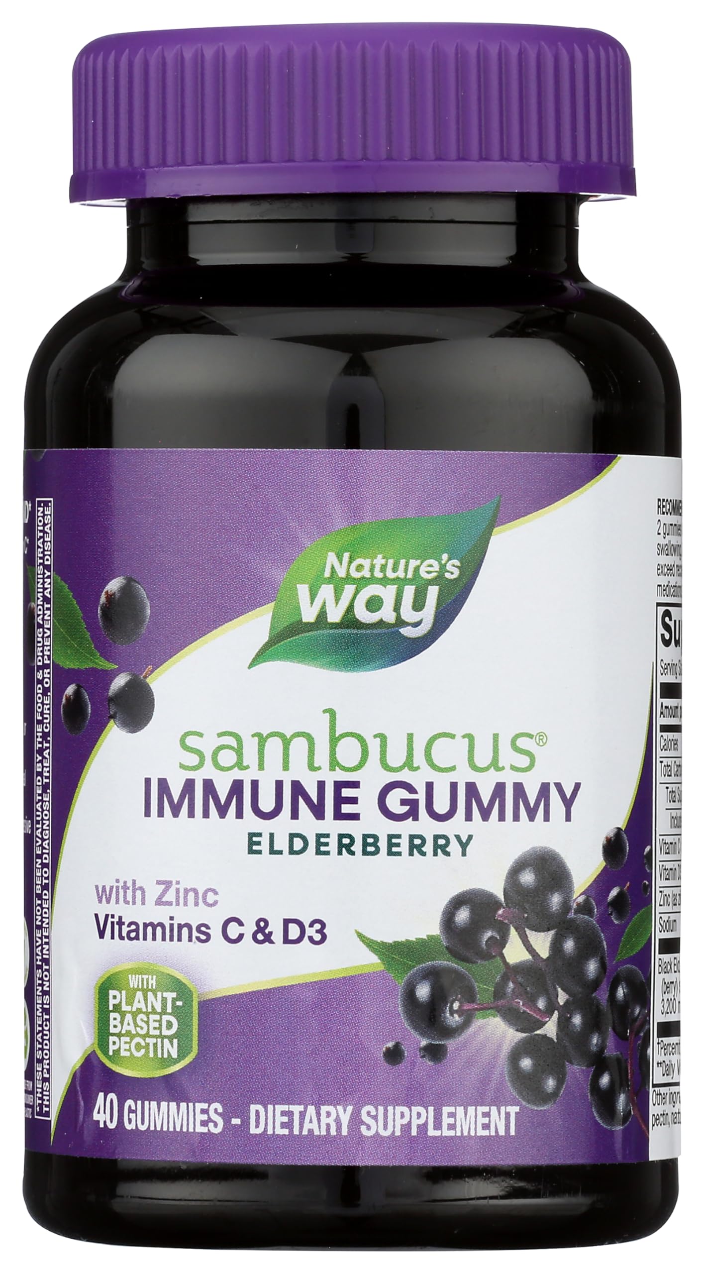 Nature’s Way Sambucus Elderberry Gummies, Immune Support Gummies*, Black Elderberry with Vitamin C and Zinc, 40 Gummies