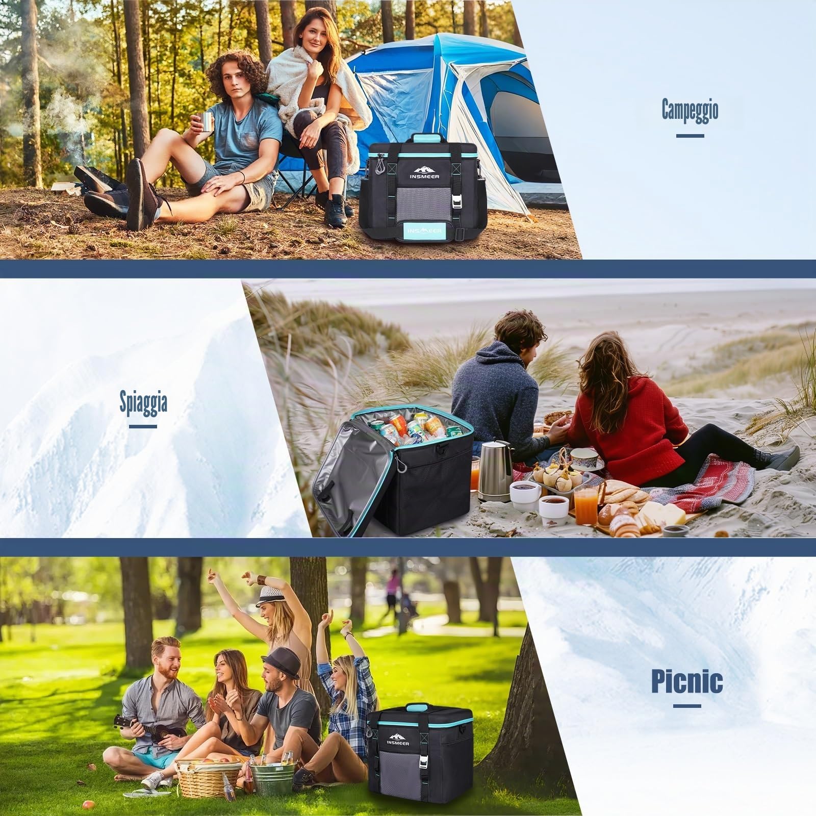 INSMEER Grande borsa frigo da 40 l, 60 lattine, pieghevole, con coperchio rigido in EVA per bevande, borsa termica per bevande, borsa termica per 4 persone, campeggio, spiaggia, viaggi