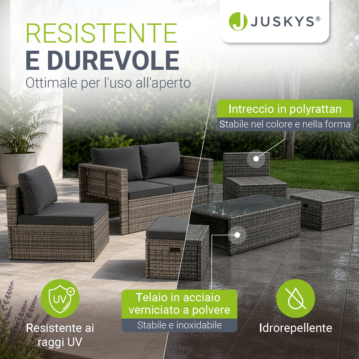 Juskys set di mobili da giardino Salou in polyrattan per 6 persone con tavolo e cuscini grigio
