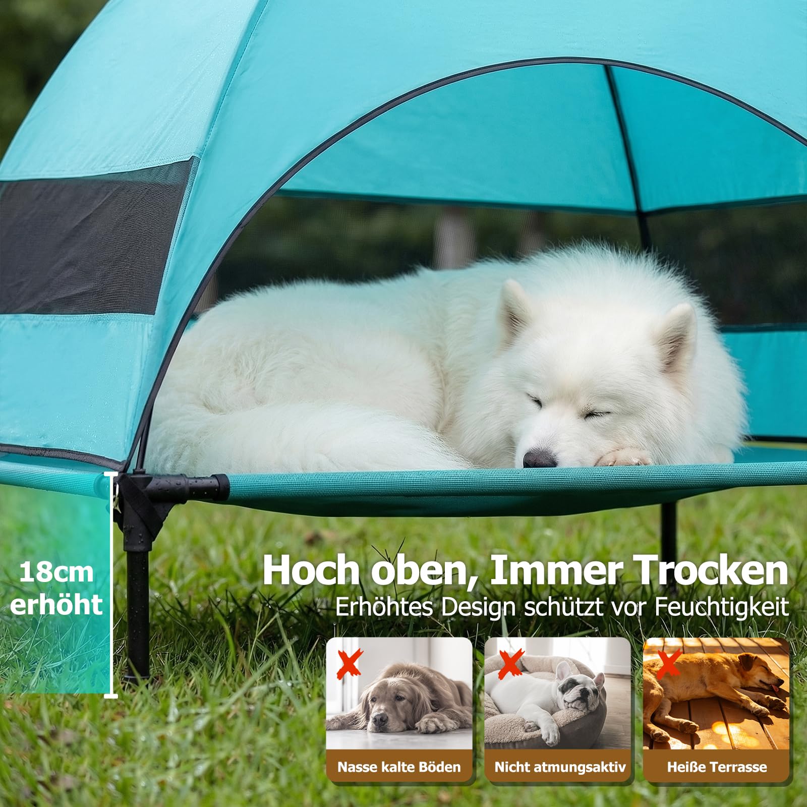 Cama elevada para perros para exteriores con techo resistente a los rayos UV, tumbona plegable con pies antideslizantes, tienda de campaña para perros al aire libre con gran sombra, cama elevada para