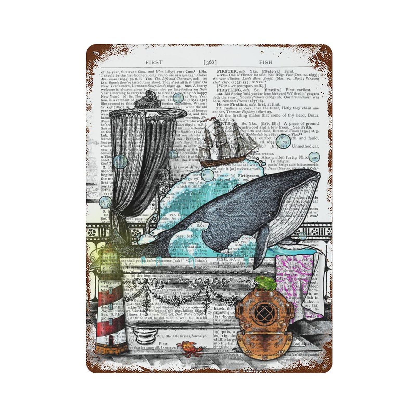 A Whale in The Bathtub Vintage Wall Sign 15.7"x11.8", Rust Effect Metal Decor for Bistro, Counter And Cafe Decor