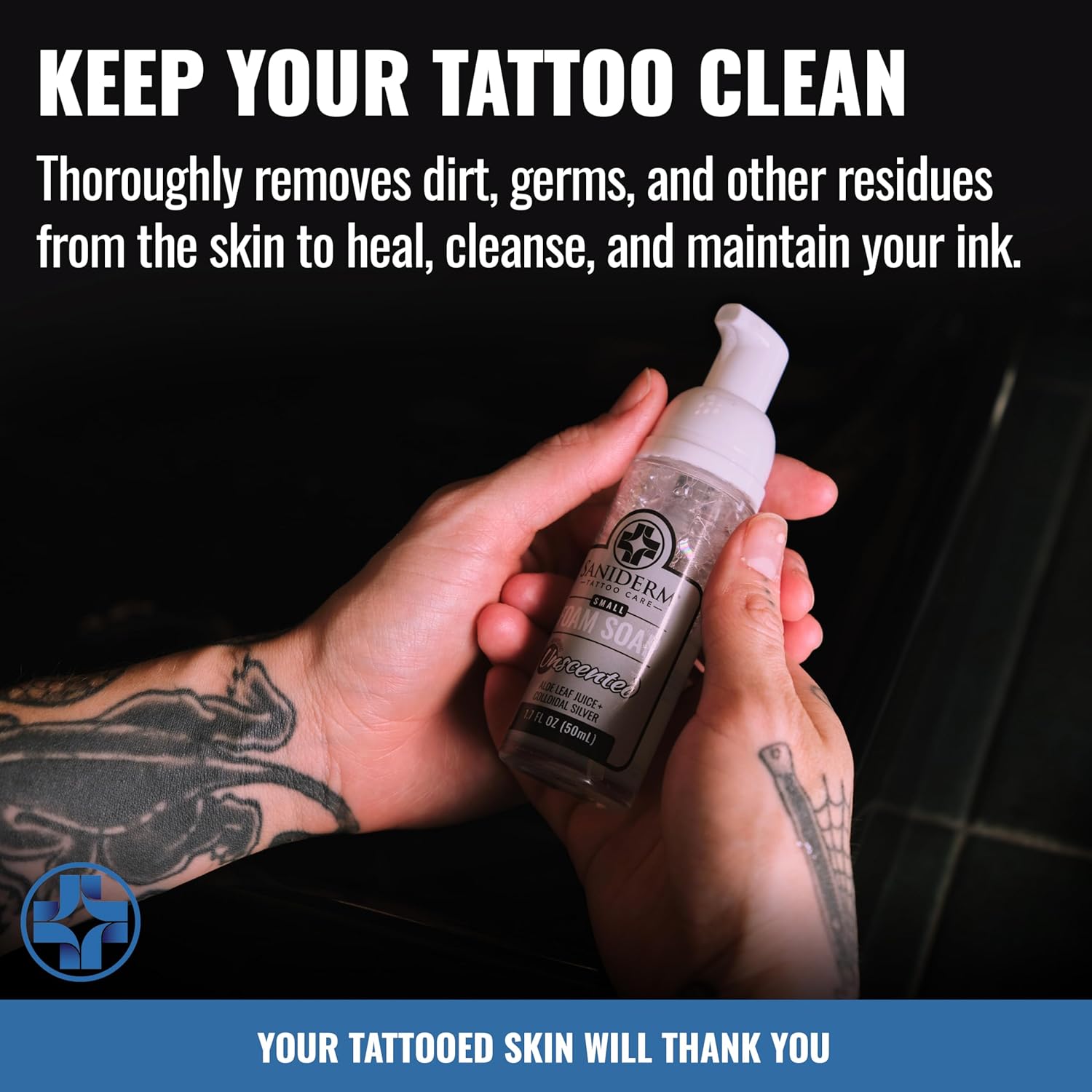 Saniderm Foaming Tattoo Soap (8.45oz Home Size) – Gentle Soap for Tattooed Skin, Infused with Antimicrobial Colloidal Silver, Aloe Vera, and Nourishing Sea Buckthorn Oil - Image 5