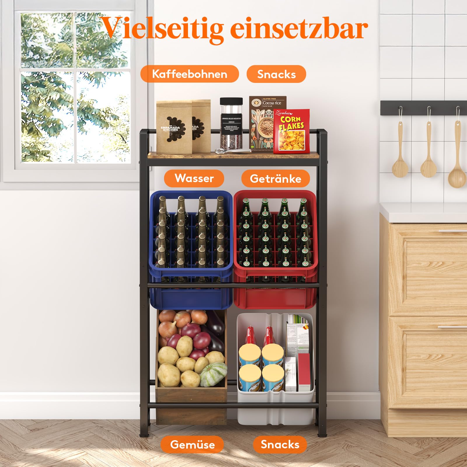 Lifewit Getränkekistenregal 4 kisten mit Ablage aus Metall, Vintage Braun | Stabil Kistenregal trag. 240 kg, Getränkeregal, Bierkisten Regal, Wasserkasten Regal für Bier Getränke Wasser Gemüse Obst bar