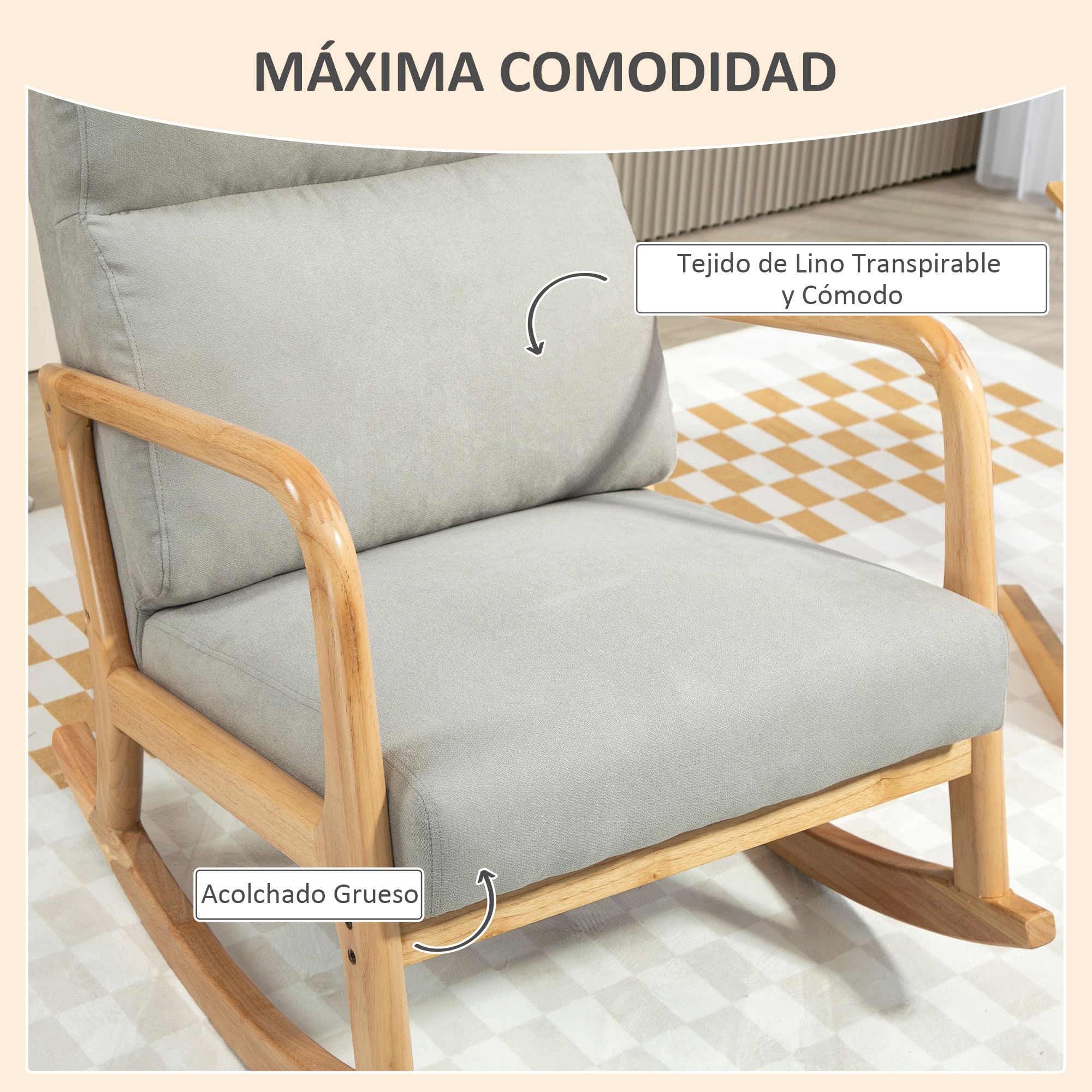 HOMCOM Mecedora Tapizada en Lino Silla Mecedora con Patas de Madera de Caucho y Reposabrazos Mecedora para Lactancia Carga 150 kg para Dormitorio Salón Gris