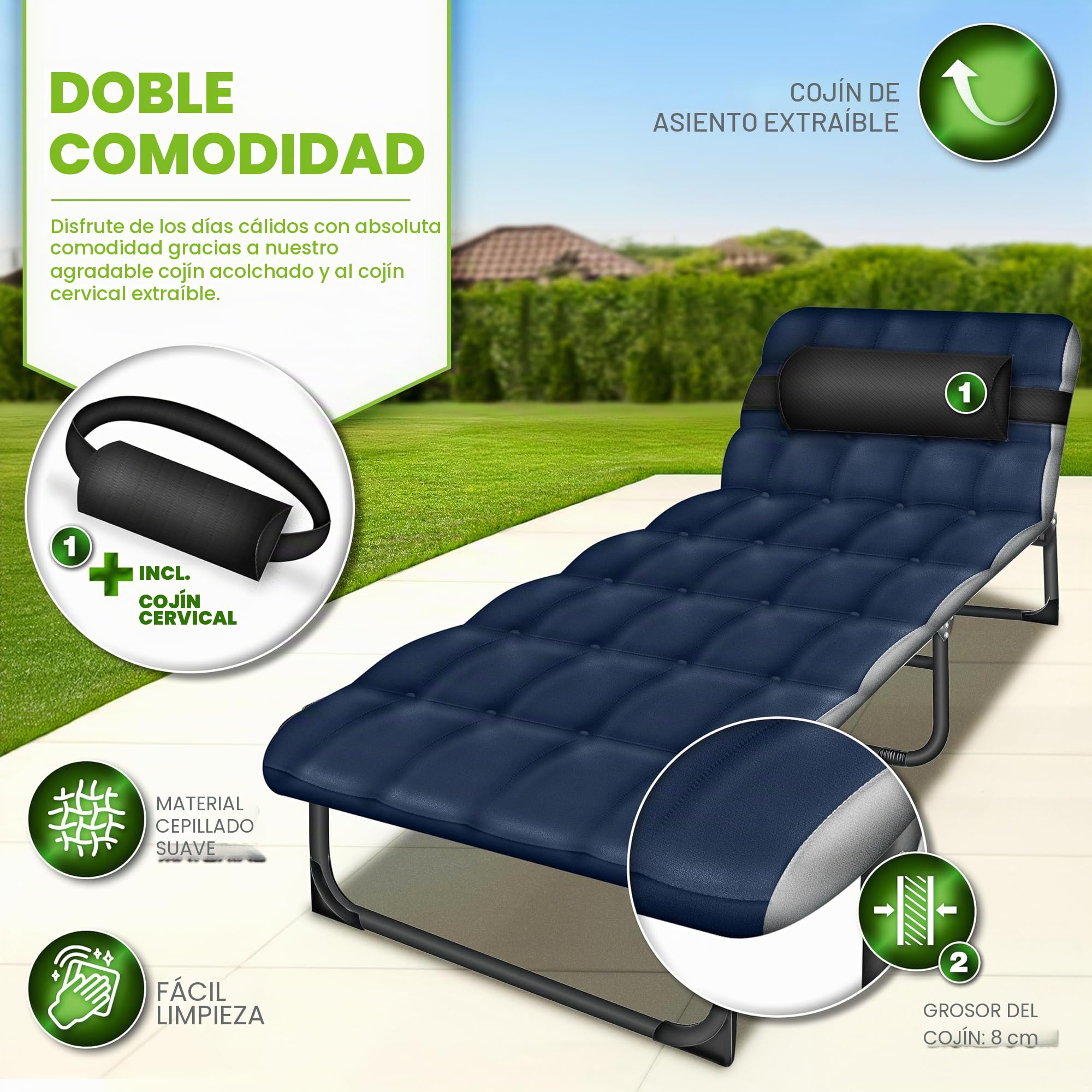 tillvex® Cama de camping plegable con bolsa de transporte y cojín cervical de hasta 280 kg, tumbona de camping con acolchado, cama plegable para exteriores e interiores, cama plegable para invitados,