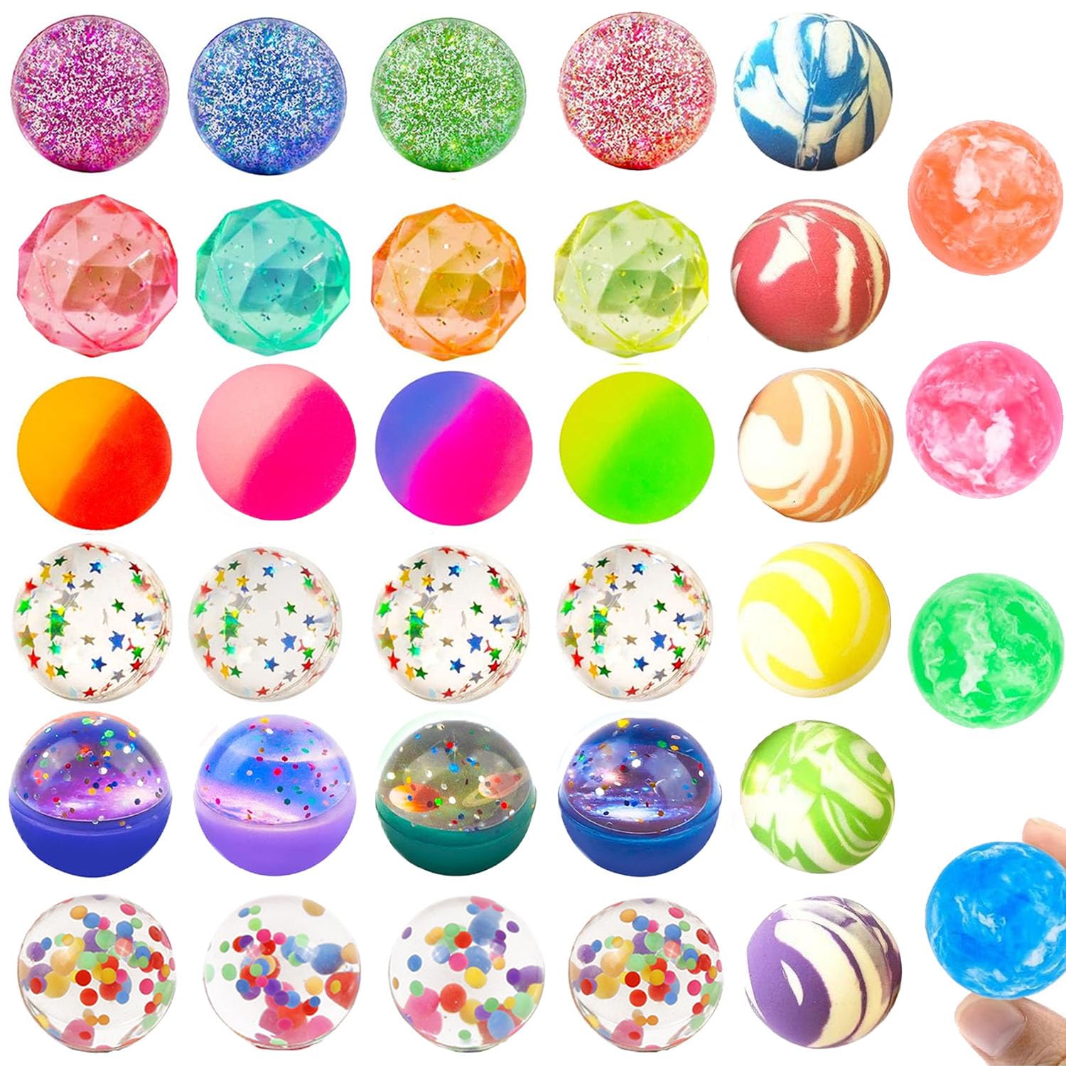 50 Pcs Bouncy Balls, 32mm 1.26 inch Assorted Bounce Ball, 6 Styles High Bouncing Ball Bulk Small Toys for Kids Party Favors Birthdays Gift Classroom Prizes Christmas Gifts Stocking Stuffers