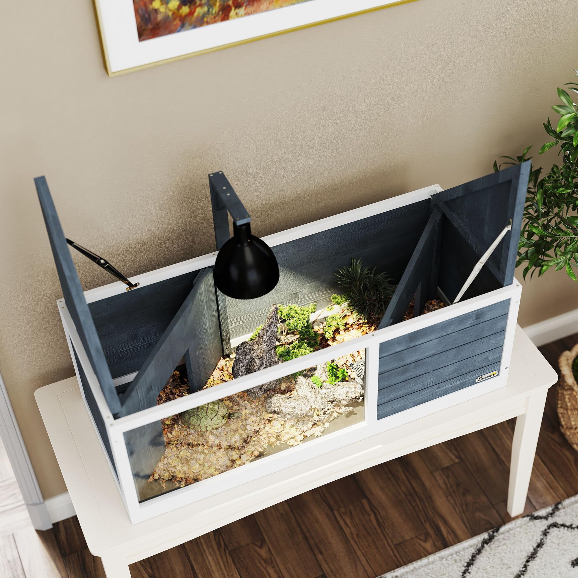 PawHut Casa per tartarughe XL 120 cm - terrario per tartarughe terrestri in legno, 2 nicchie con tetto apribile e area giochi aperta - recinto con supporto per lampada e finestra panoramica, grigio
