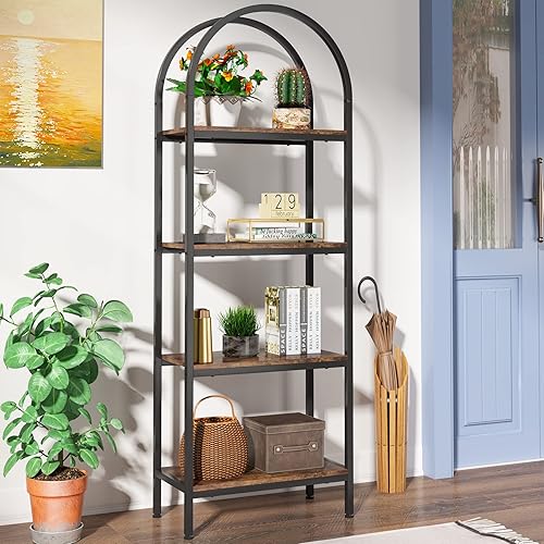 Miniatura 2 de Estantería arqueada de 4 niveles, estantes de almacenamiento abiertos altos, estante de exhibición independiente de metal de madera para oficina en