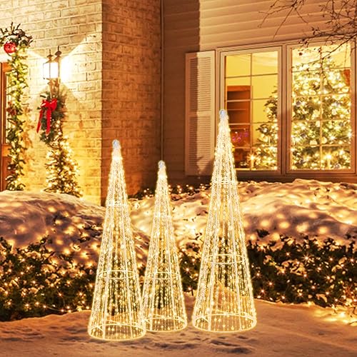 Miniatura 2 de Tangkula Juego de 3 árboles de cono de Navidad iluminados, juego de árbol cónico decorativo de Navidad con cuerdas de estrellas, 90 luces LED