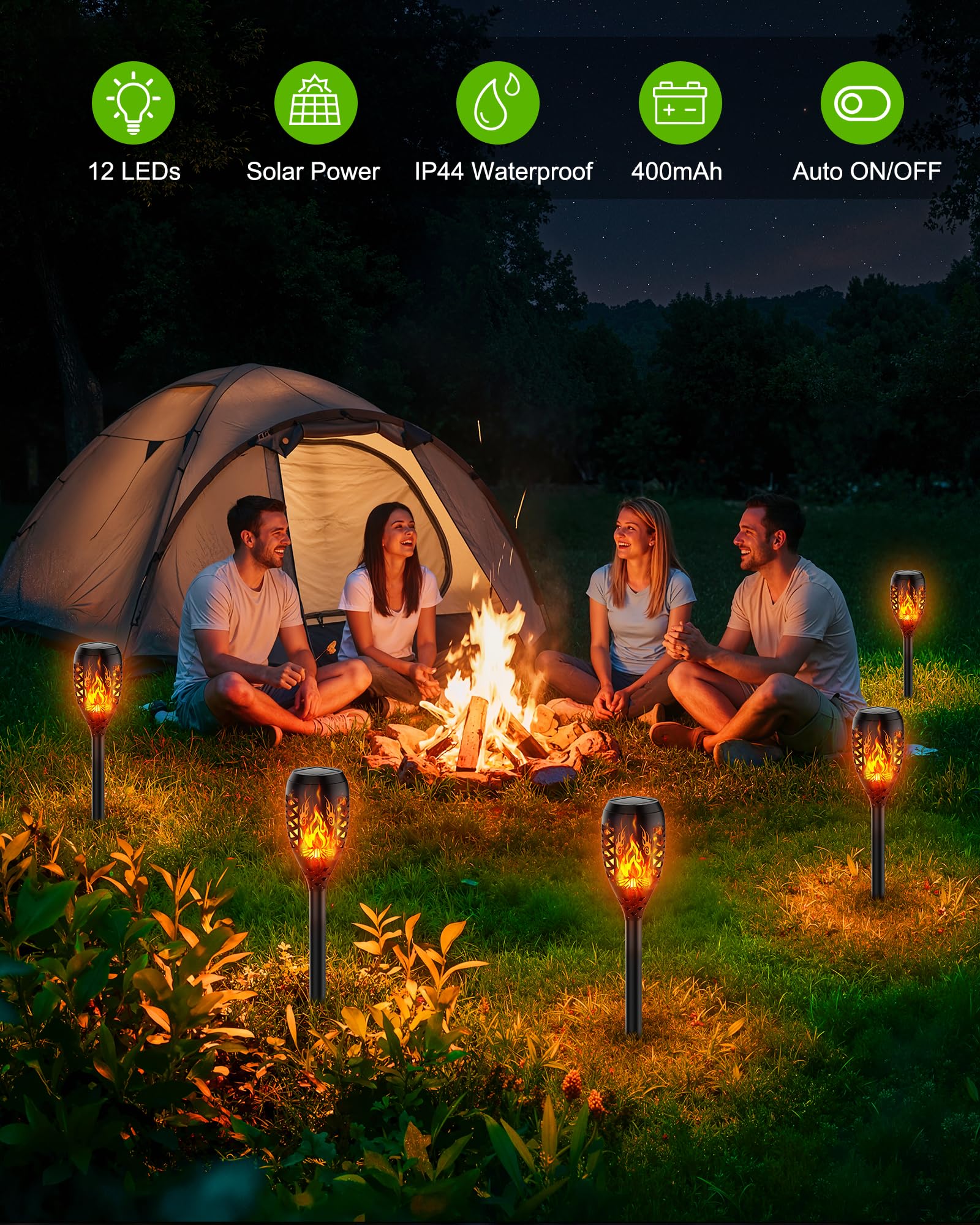 Lampes Solaires de Jardin pour Extérieur, [10 Pièces] Design Feu de Camp, Torches Solaires IP44 Étanches, Lampe Solaire pour Jardin, Allées, Cours, Pelouse