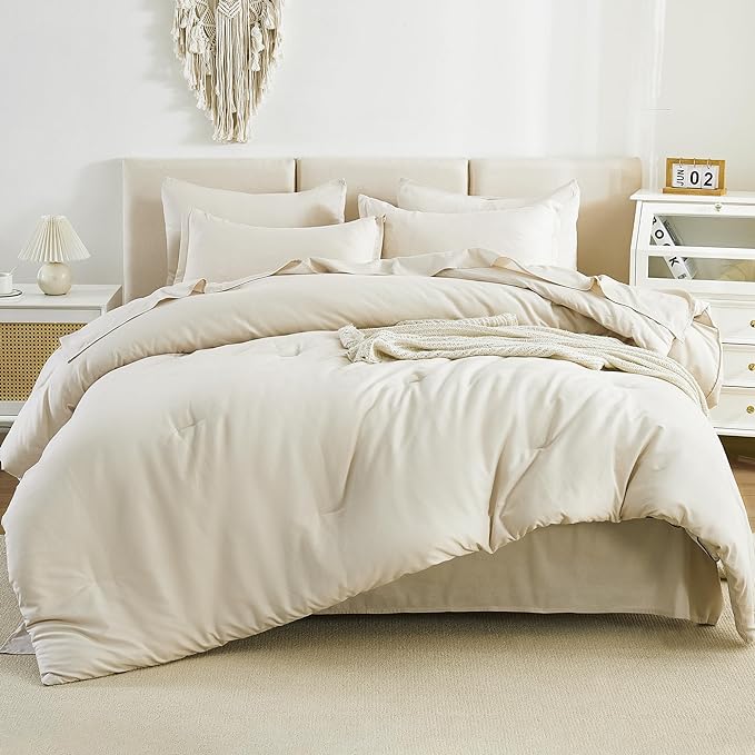 Litanika Super King Plus Comforter Sets Beige - 7 Pieces Bed in a Bag Oversized King Bedding Comforter Sets, Solid Lightweight Bed Set with Comforter, Sheets, Pillowcases & Shams