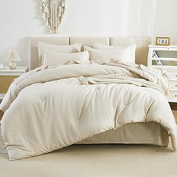 Litanika Super King Plus Comforter Sets Beige - 7 Pieces Bed in a Bag Oversized King Bedding Comforter Sets, Solid Lightweight Bed Set with Comforter, Sheets, Pillowcases & Shams