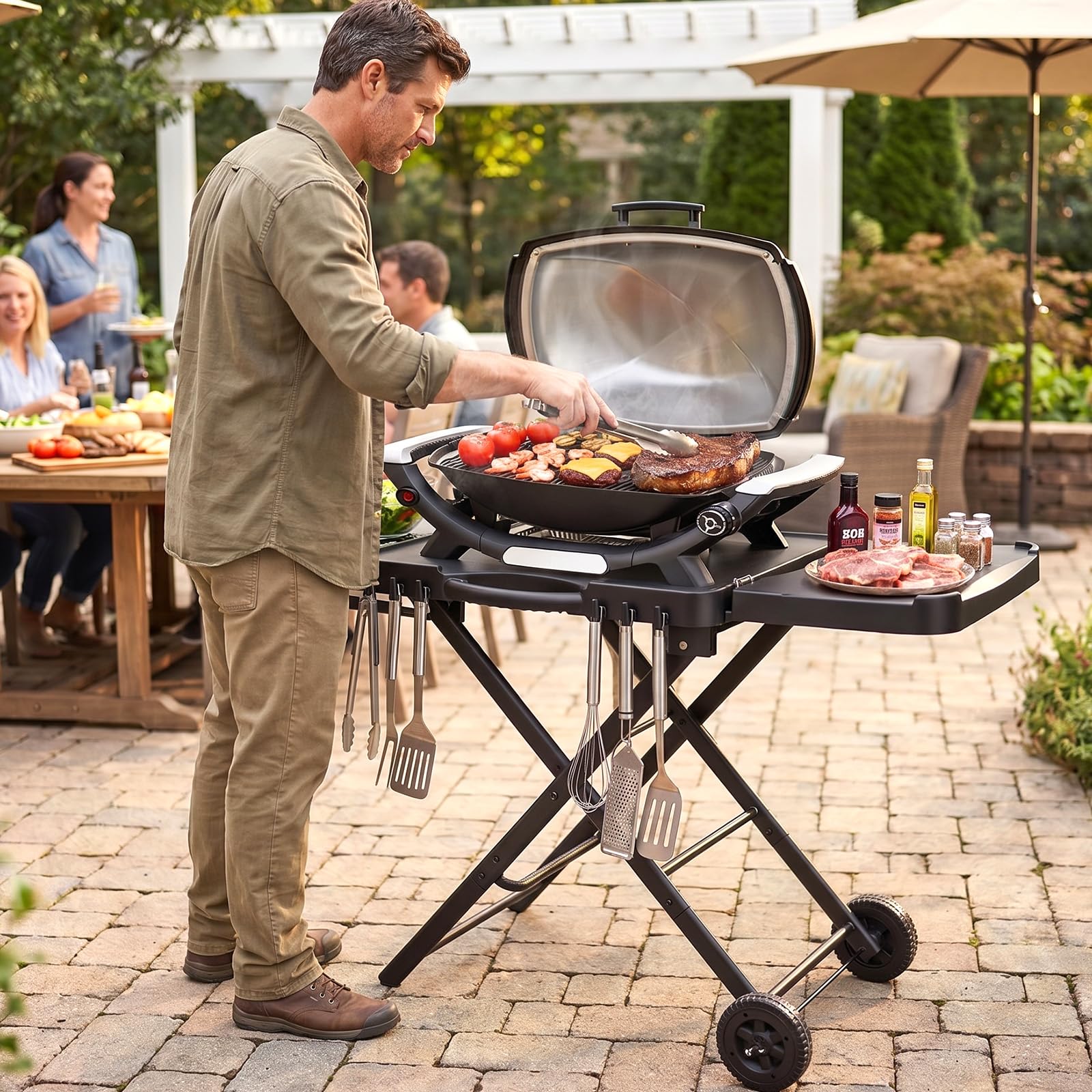 Denmay Carro de mesa para Weber Q100 Q200 Q300 Serie, Enders Urban, Nexgrill, Ninja Woodfire Grill, horno de pizza, Solo Stove, Burnhard Wayne, soporte de parrilla con ruedas para la mayoría de las