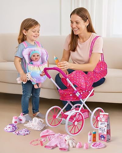 Miniatura 6 de JIZHI Juego de 24 cochecitos de muñeca con muñeca y portabebés, accesorios de muñeca para alimentar, vestirse y jugar sobre la marcha, regalo de