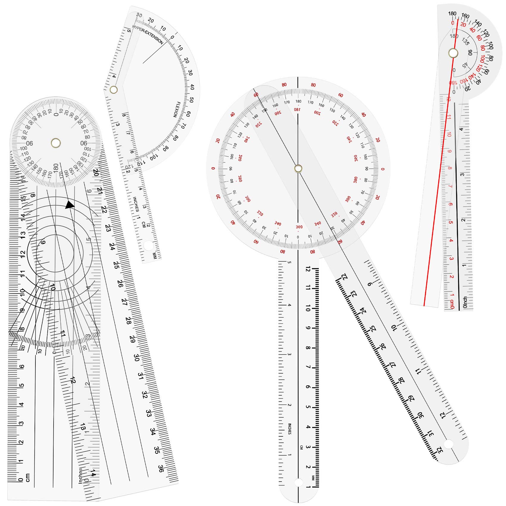 OIIKI 4PCS Goniometer Set, Including Finger Goniometer, 6" Goniometer, 180 Degree 6" Goniometer, 8inch Spinal Goniometer