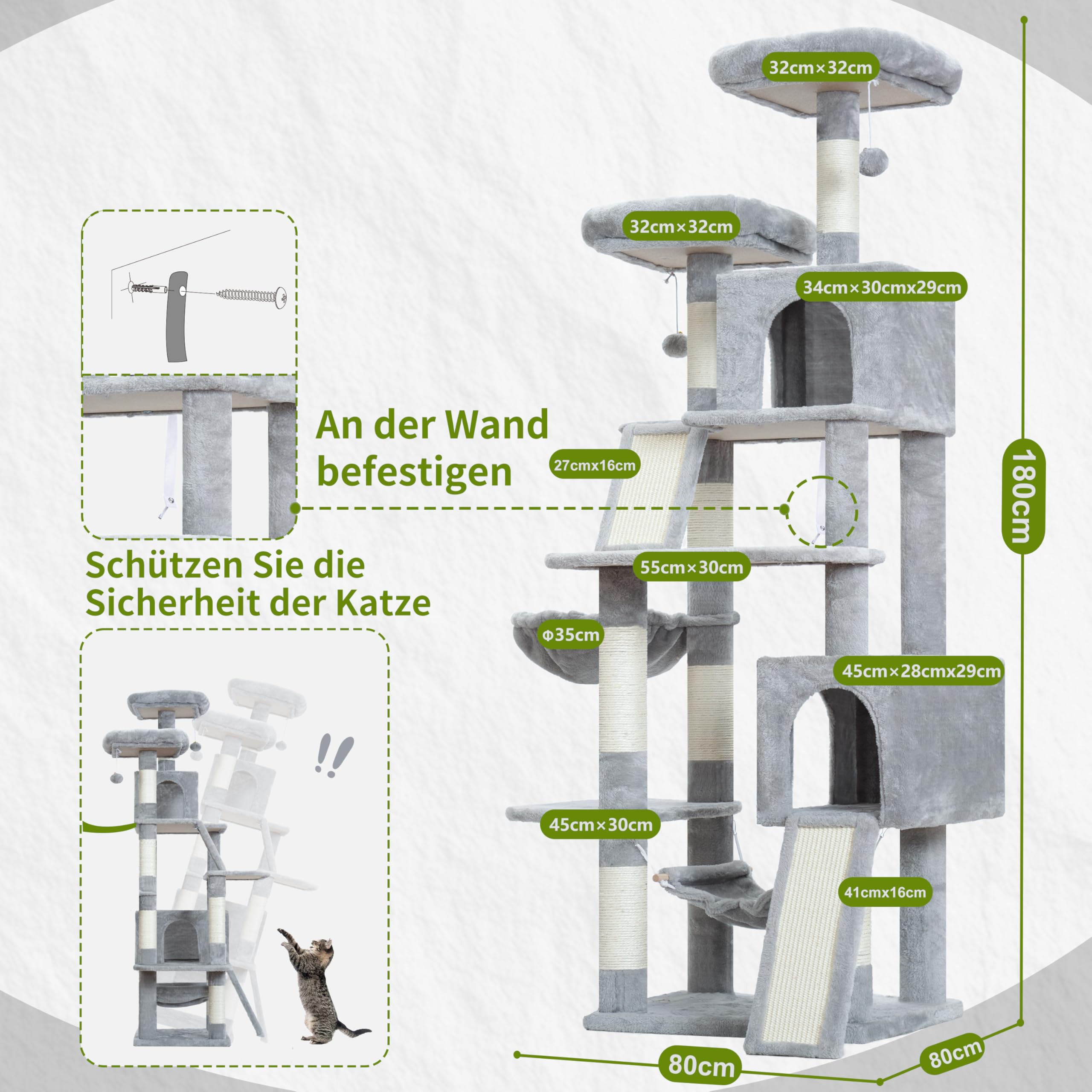 Gitelsnour Kratzbaum, Katzenbaum für Innenbereich, 180cm Katzenkratzbaum mit große ausgewachsene Katzen, 2 Kratzbrettern, 7 kratzbaume, 2 Plüsch-Plattformen, 2 Katzenhöhlen, Hellgrau GCT032W