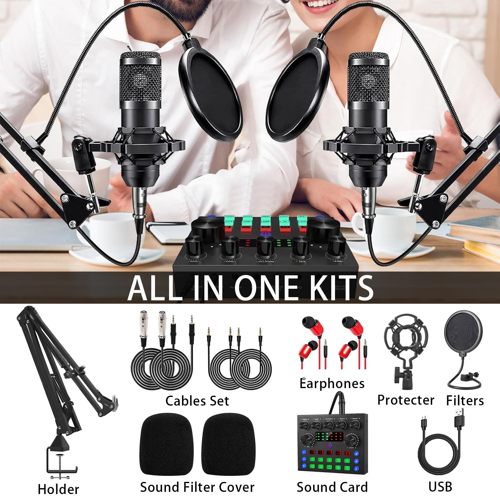 BM800 Podcast Komplettset für 2, Studio-Mikrofon mit Nierencharakteristik, Audio-Interface & DJ-Mixer, ideal für Live-Streaming, Singen, TikTok & YouTube