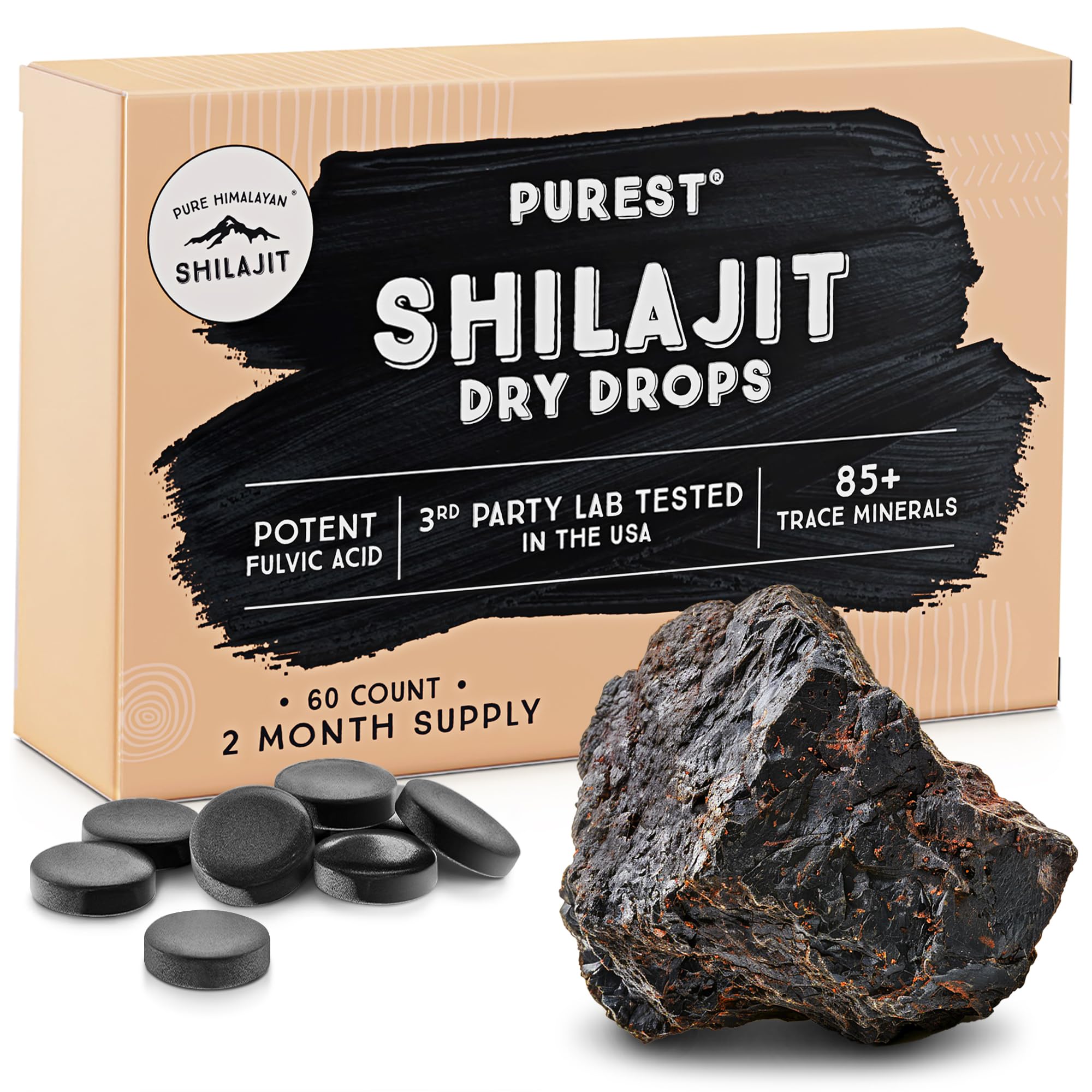 Pure Himalayan Shilajit | 100% Pure Natural Shilajit Grade A Max Potency 85+ Trace Minerals & Fulvic Acid | 3rd Party US Lab Tested | Dry Drops | 12g (60ct) Dry Drops 60 Count (Pack of 1)