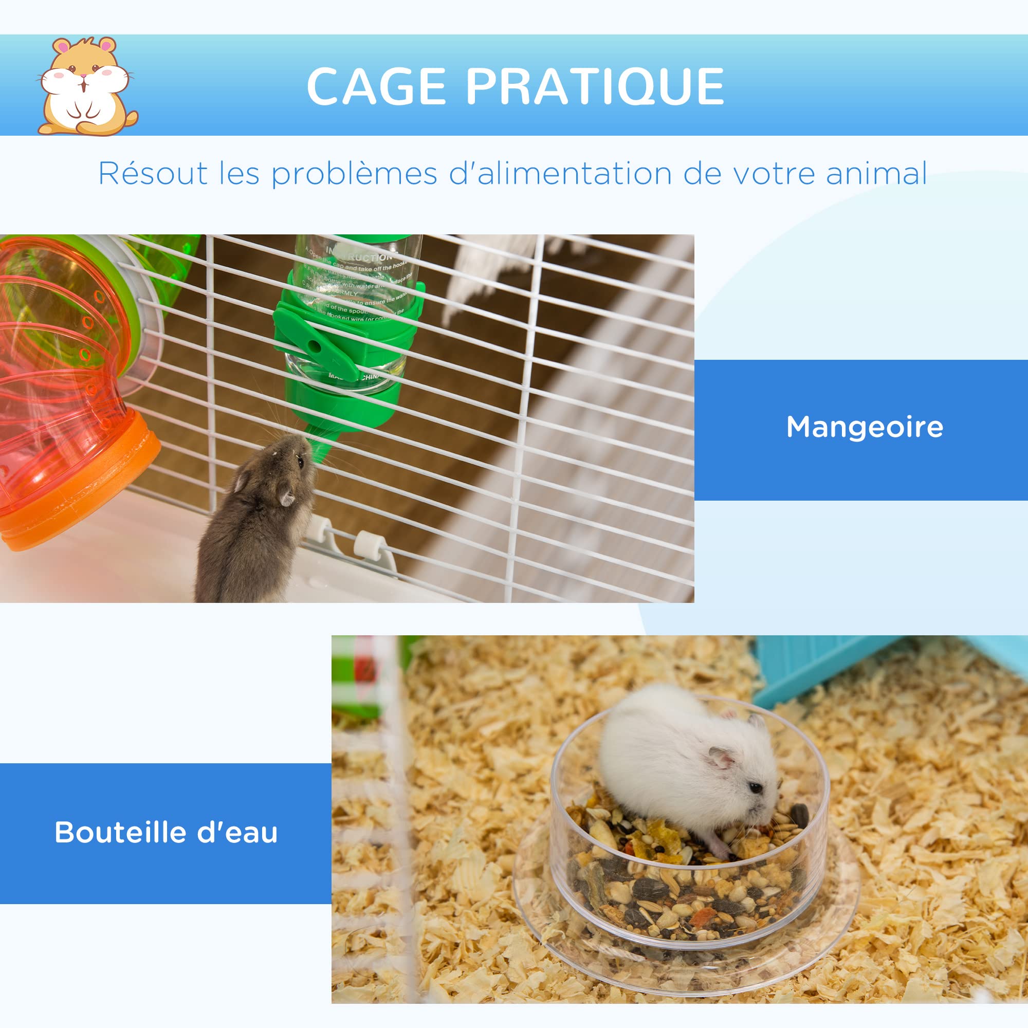 PawHut Cage pour rongeurs et Hamsters 3 Niveaux avec Tunnel, Bouteille d'eau, Roues, Maison, échelle dim. 59L x 36l x 47H cm - 5